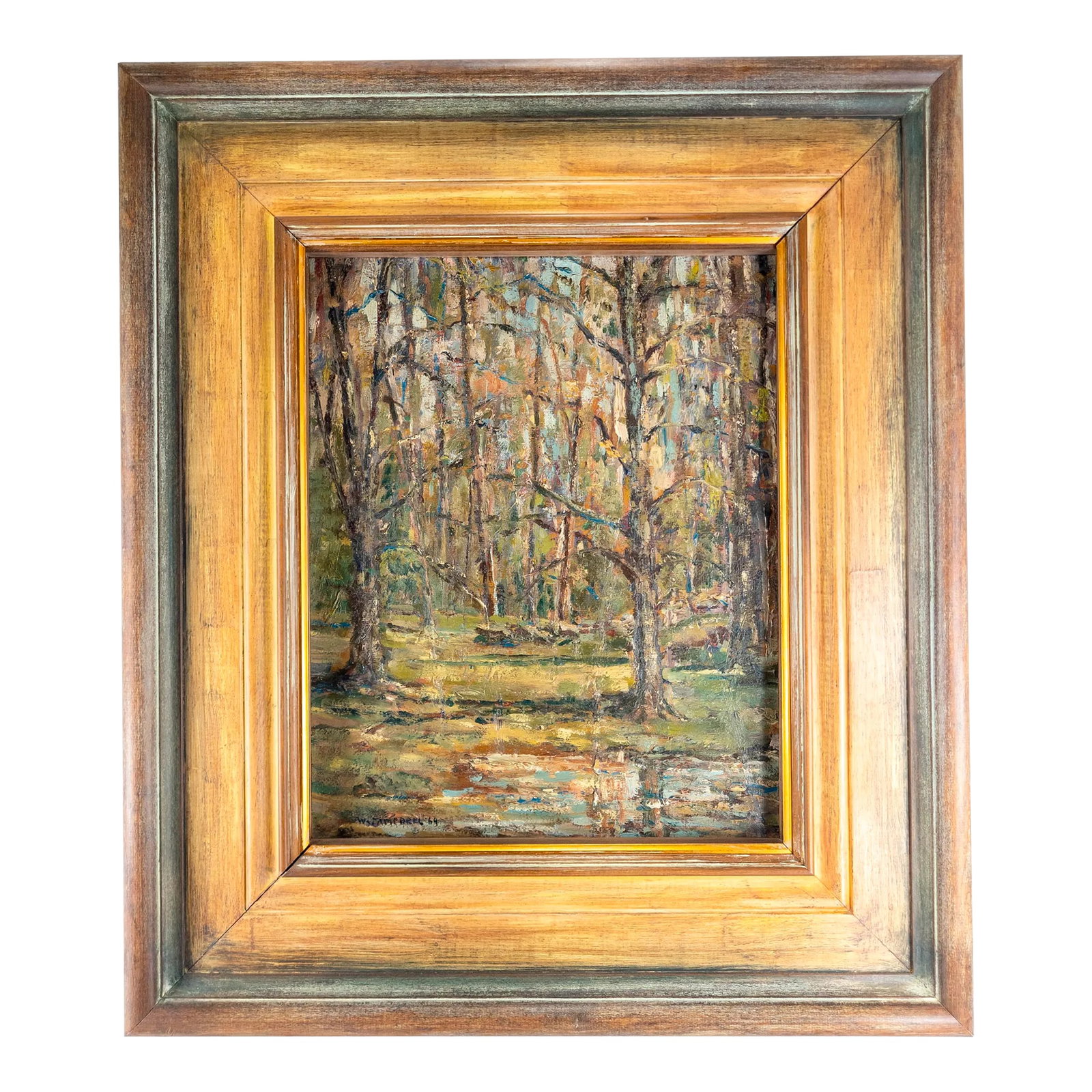 Mid-Century Modern Impressionist Oil Painting Wooded Landscape Signed Campbell: We are selling this great Mid-Century impressionist painting of a wooded landscape. This painting has good style with heavy impasto oil paint applied to the masonite board with large custom made wood 