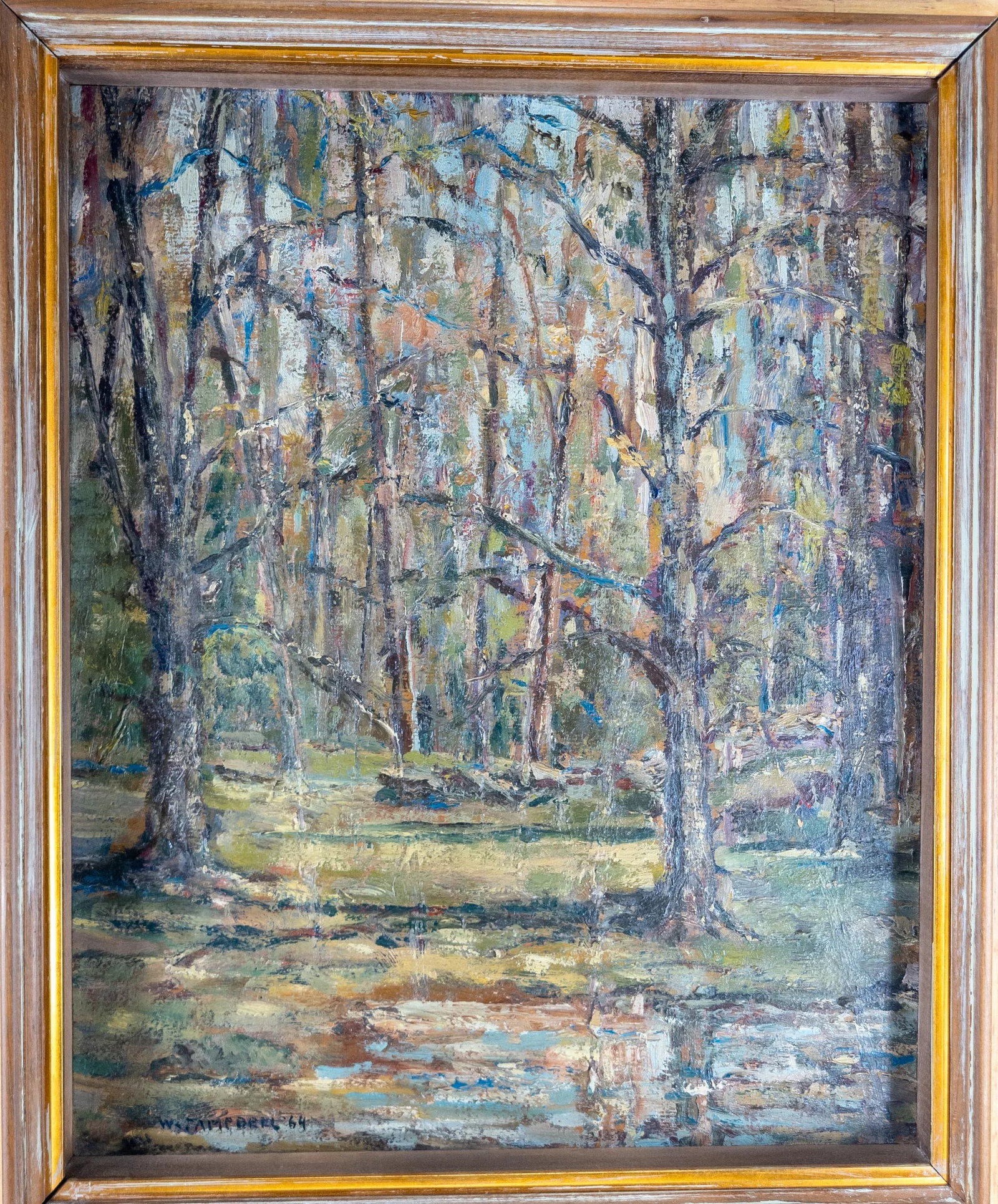 Mid-Century Modern Impressionist Oil Painting Wooded Landscape Signed Campbell - 2