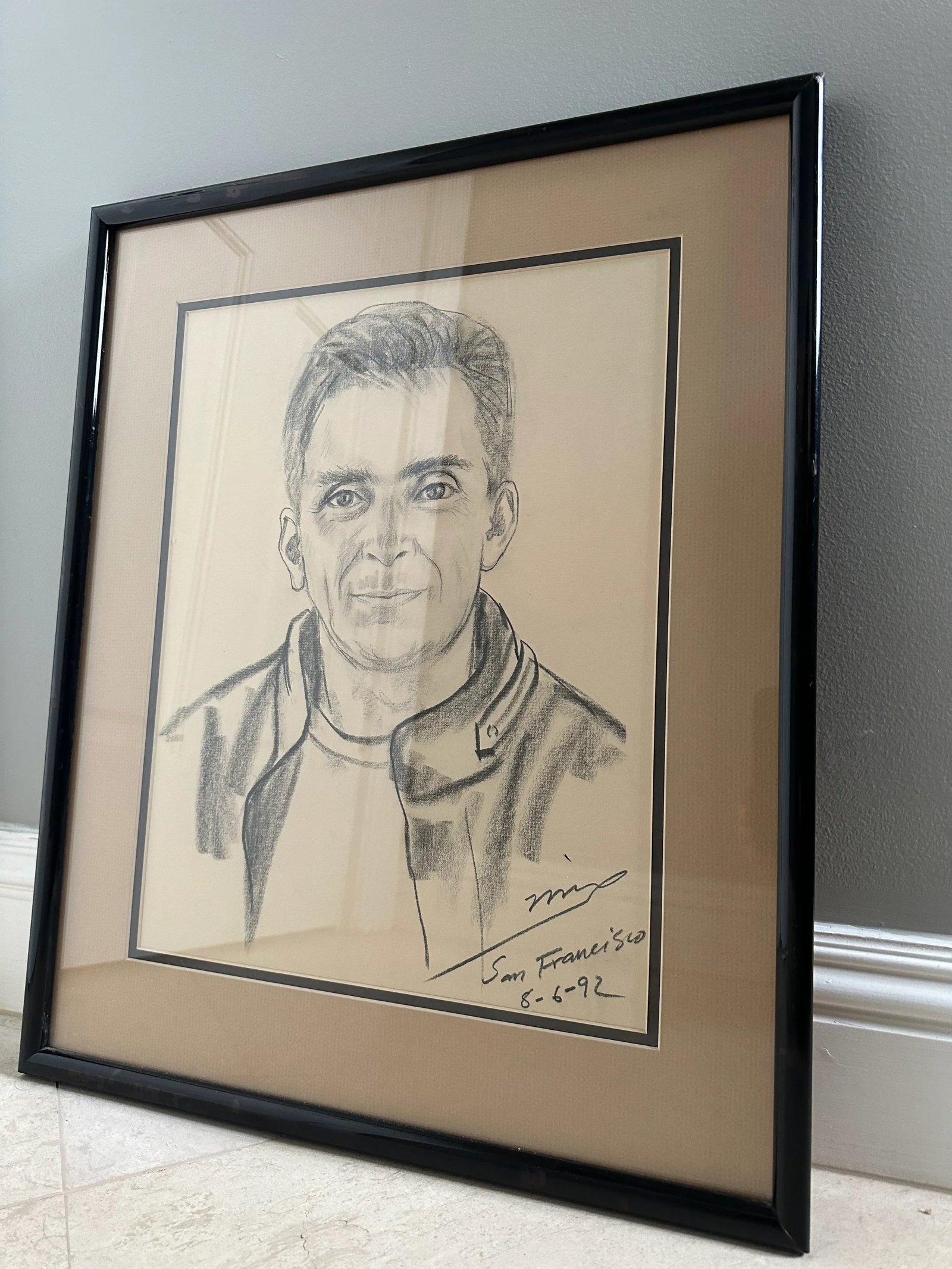 Vintage 1992 Framed Charcoal Portrait of a Man - 4