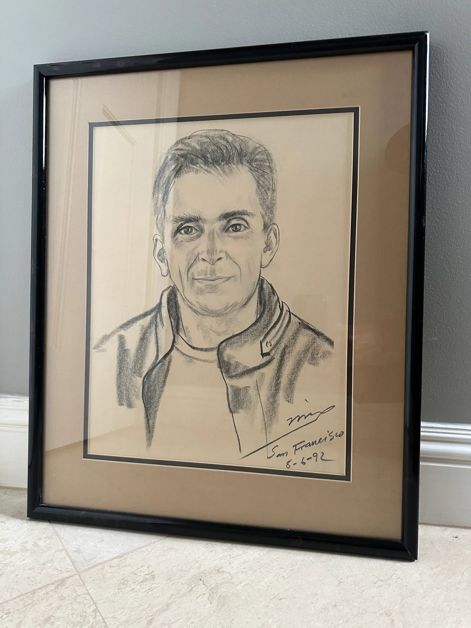 Vintage 1992 Framed Charcoal Portrait of a Man - 5