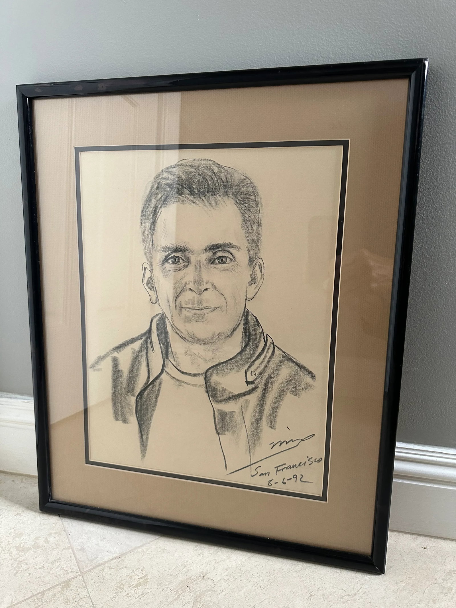 Vintage 1992 Framed Charcoal Portrait of a Man - 8