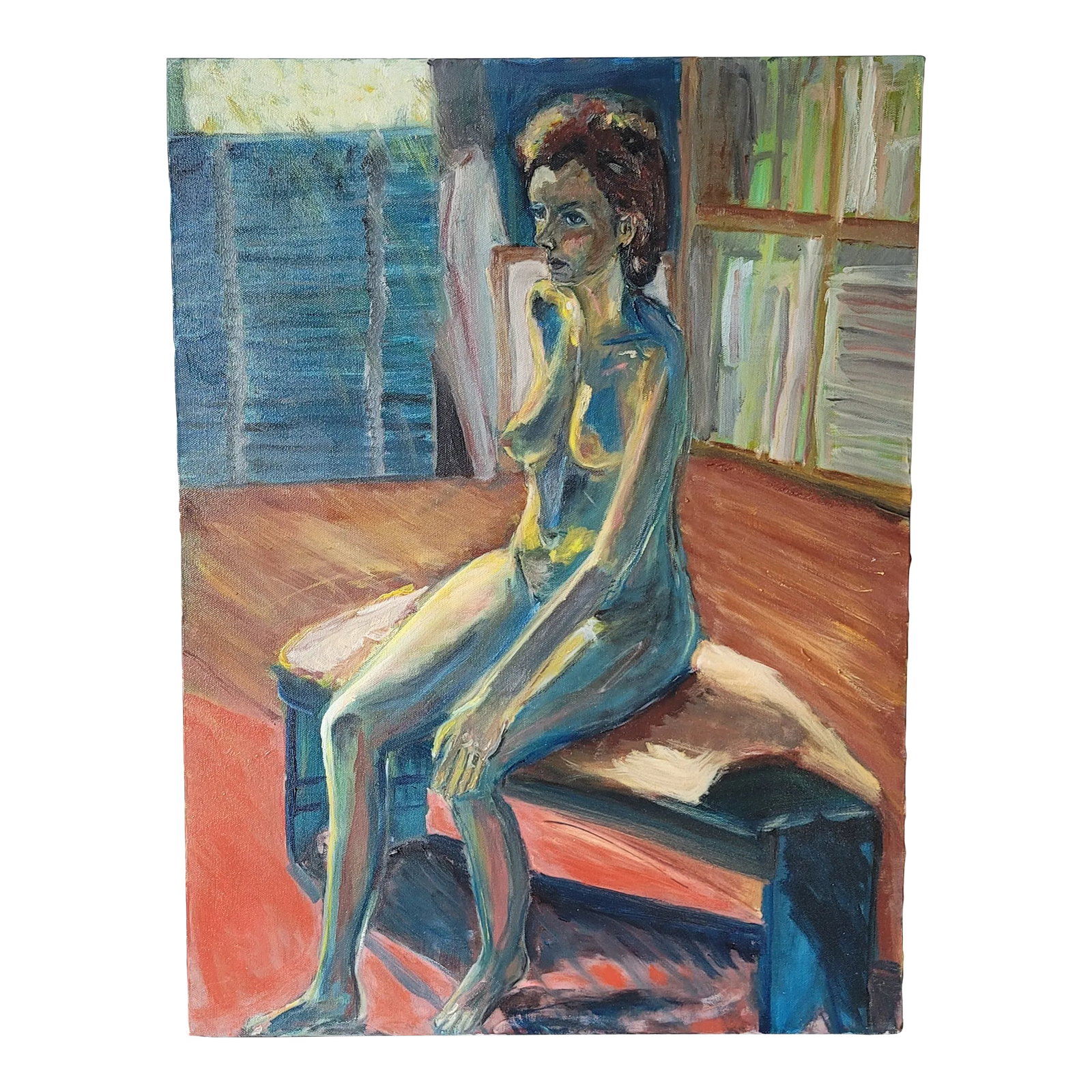 1990s Nude Woman Sitting on Bench Impressionist Portrait Oil Painting by Rosemary Rabut: Nude Woman Sitting on Bench Impressionist Portrait Oil Painting by Rosemary Rabut 18x24 Oil on stretched canvas Signed on back Artist: Rosemary Rabut Unframed Philadelphia Artist Please see photos as