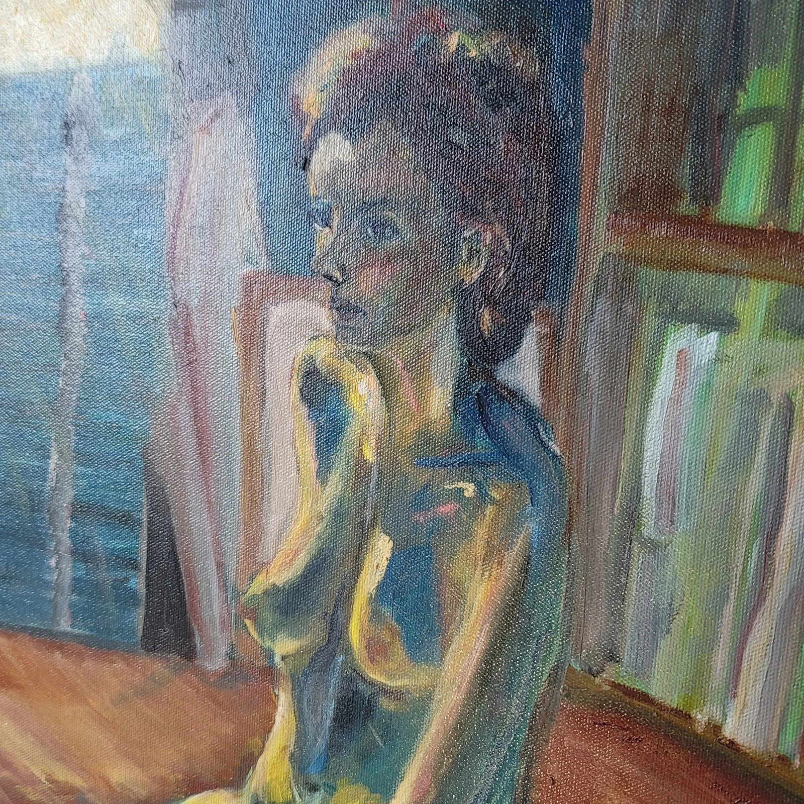 1990s Nude Woman Sitting on Bench Impressionist Portrait Oil Painting by Rosemary Rabut - 2