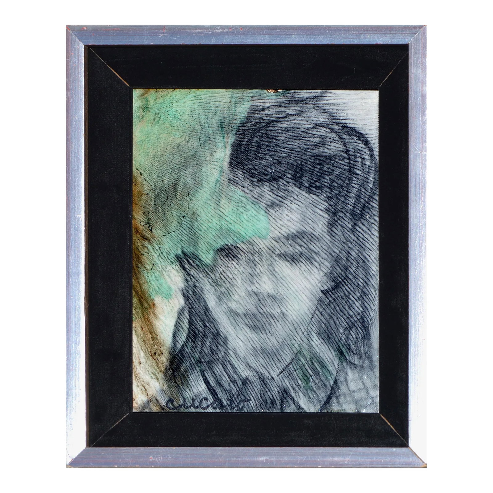 Mid-Century Portrait of a Young Girl by Pascal Cucaro, 1915-2003: A gentle mid-century portrait of a young girl by Pascal "Pablo" Cucaro (American, 1915-2004). Sealed in a layer of clear resin. Signed in a black textured medium, lower left: "cucaro." Presented in a 