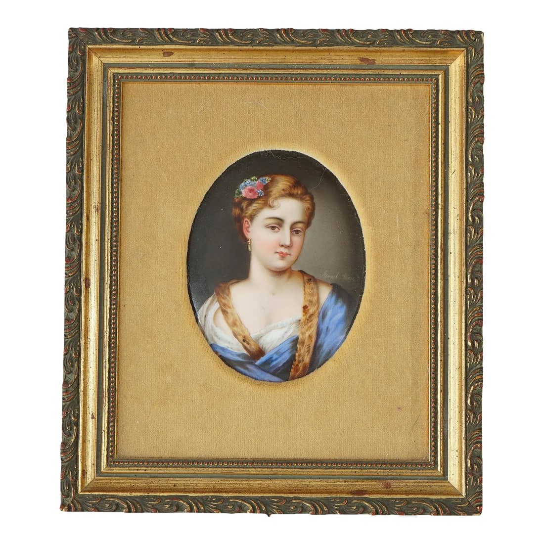 Antique KPM School Portrait Painting of a Young Woman on Porcelain Late 19th Century: An antique plaque in the manner of KPM offers hand painted portrait of a young woman on porcelain, seated in giltwood frame, 19th century Measures- 9.5''H x 8''W x 1.25''D Condition: Alterations: