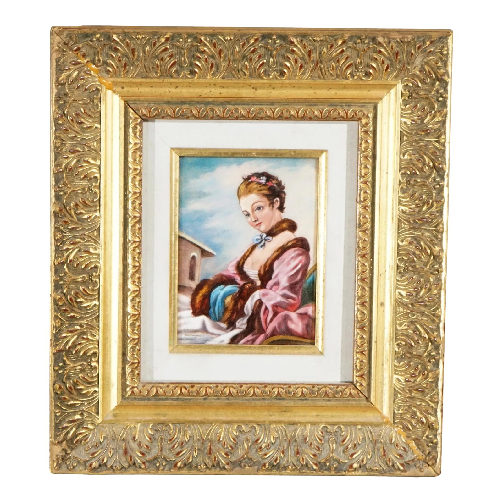 French Limoges Enamel on Copper Portrait Painting of a Woman, 20th Century: A French Limoges painting offers enamel on copper portrait of a woman in outdoor setting, seated in giltwood frame, 20th century. Measures- 10.5'' H x 9.5'' W x 1.75'' D; 2 sites; sight 5'' H x