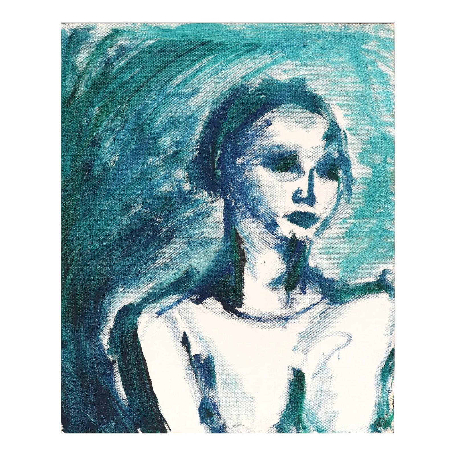 Moody Figure in Blue 20th Century Oil on Paper: This late 20th century oil on paper figurative abstract is by Lucy Howard Cohen (1944-2019). Cohen was born in 1944 in Greenwich Village (Manhattan) into the heart of the Abstract Expressionist,