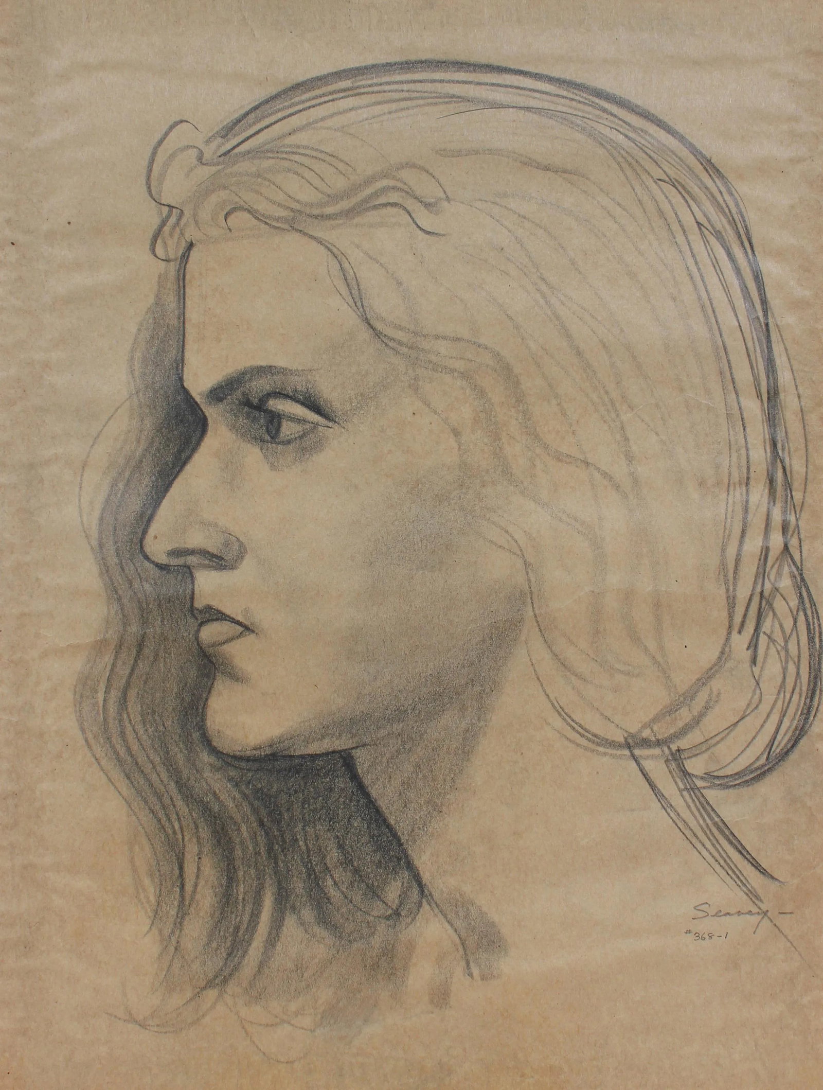 Female Portrait in Graphite, Circa 1920s: This circa 1920s-1930s graphite on paper portrait of a woman's profile is by San Francisco artist Clyde Follett Seavey (1920-1991). Seavey studied at UC Berkeley and California College of Arts and