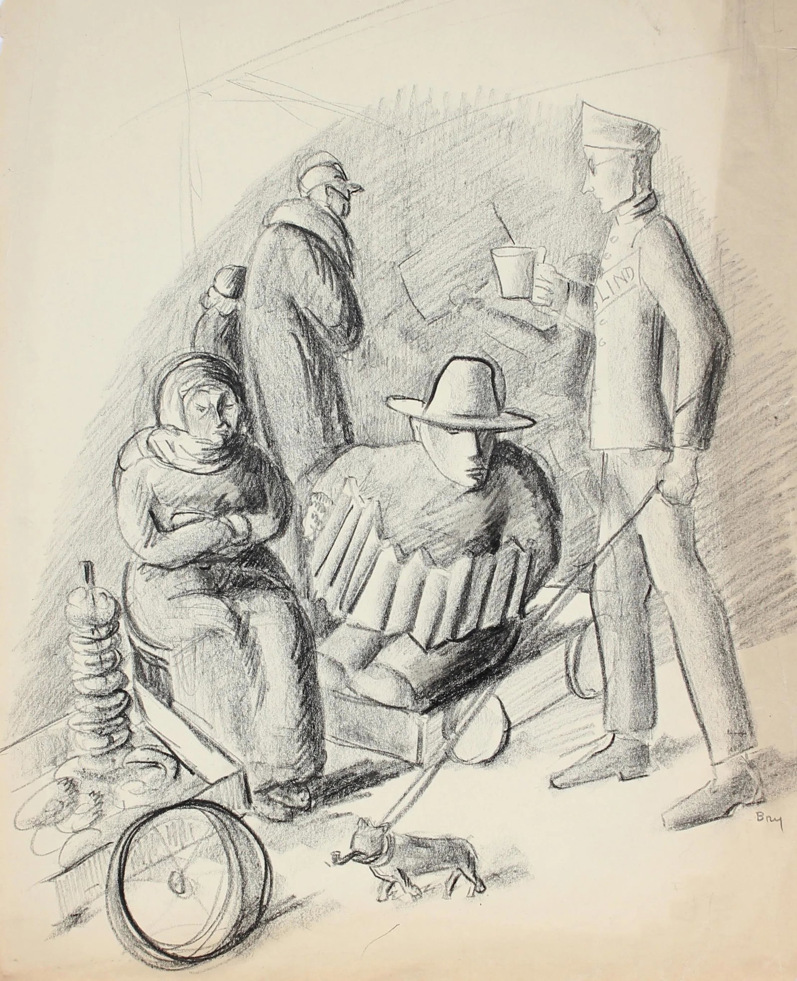 Street Entertainers, Graphite on Paper, Circa 1930s: This 1930s-1940s graphite on paper street scene is by New York artist Edith Bry (1898-1992). Bry studied under Archipenko and Zocke at the Art Students League in NY. Her work is included in the