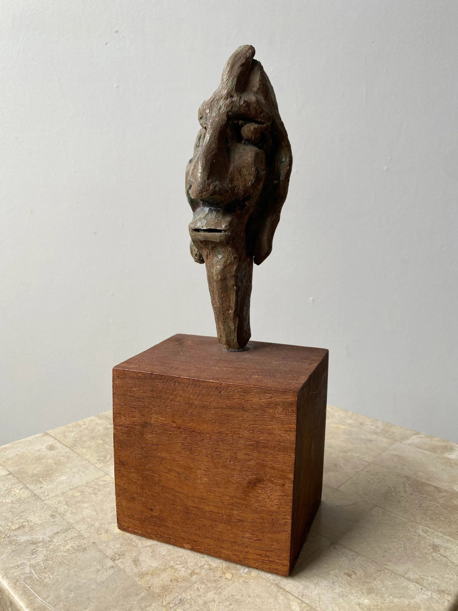 Vintage Glazed Stoneware Head Mounted on Teak Base, Circa 1950s - 5