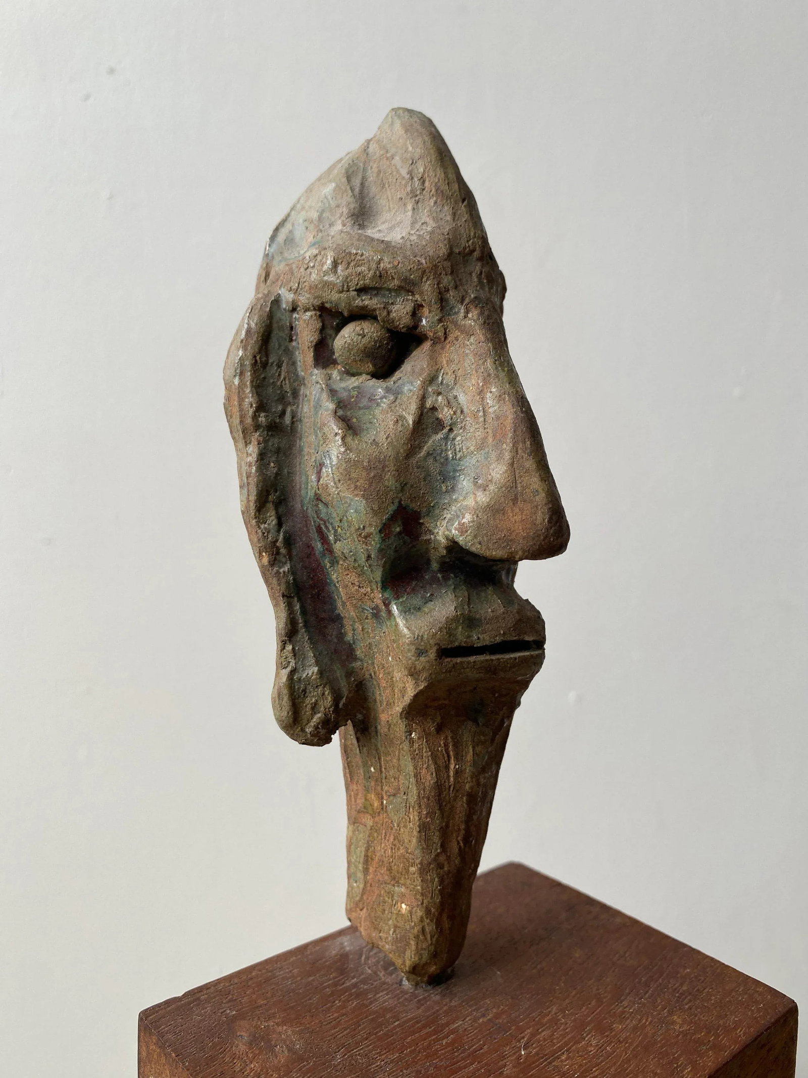 Vintage Glazed Stoneware Head Mounted on Teak Base, Circa 1950s - 8