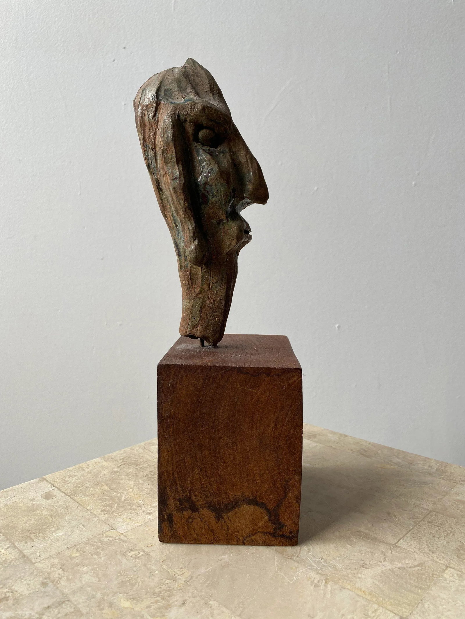 Vintage Glazed Stoneware Head Mounted on Teak Base, Circa 1950s - 9