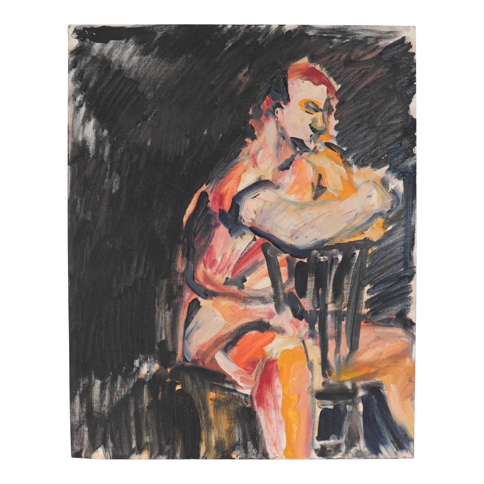 Expressive Seated Figure 20th Century Oil on Paper: This late 20th century oil on paper figurative abstract is by Lucy Howard Cohen (1944-2019). Cohen was born in 1944 in Greenwich Village (Manhattan) into the heart of the Abstract Expressionist,