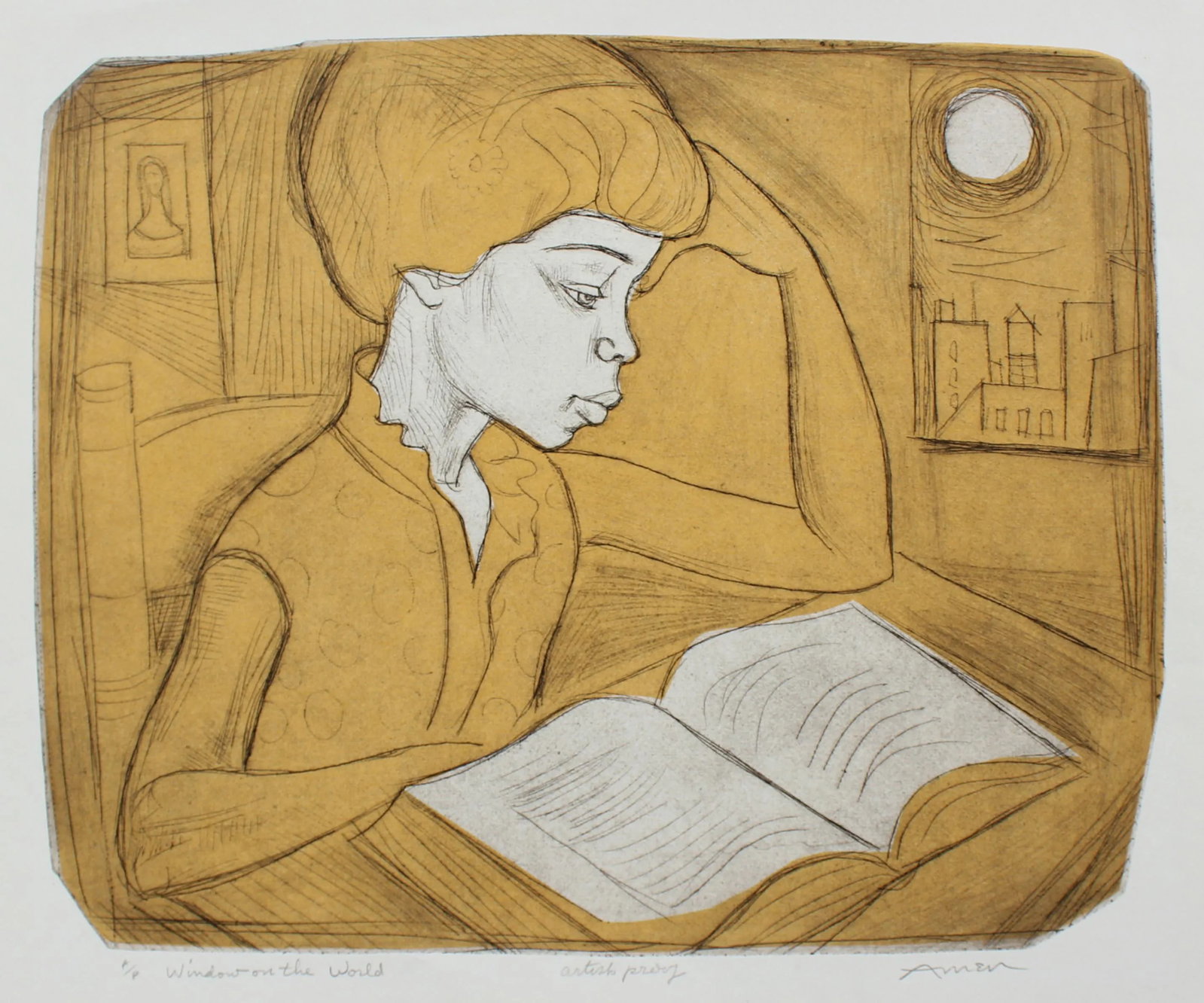 "Window on the World", Irving Amen, Mid Century Lithograph in Yellow: This mid 20th century lithograph on paper entitled Window on the World is by Irving Amen (1918-2011). Amen studied at the Art Students League and Academy Grande Chaumiere in Paris. His first exhibitio