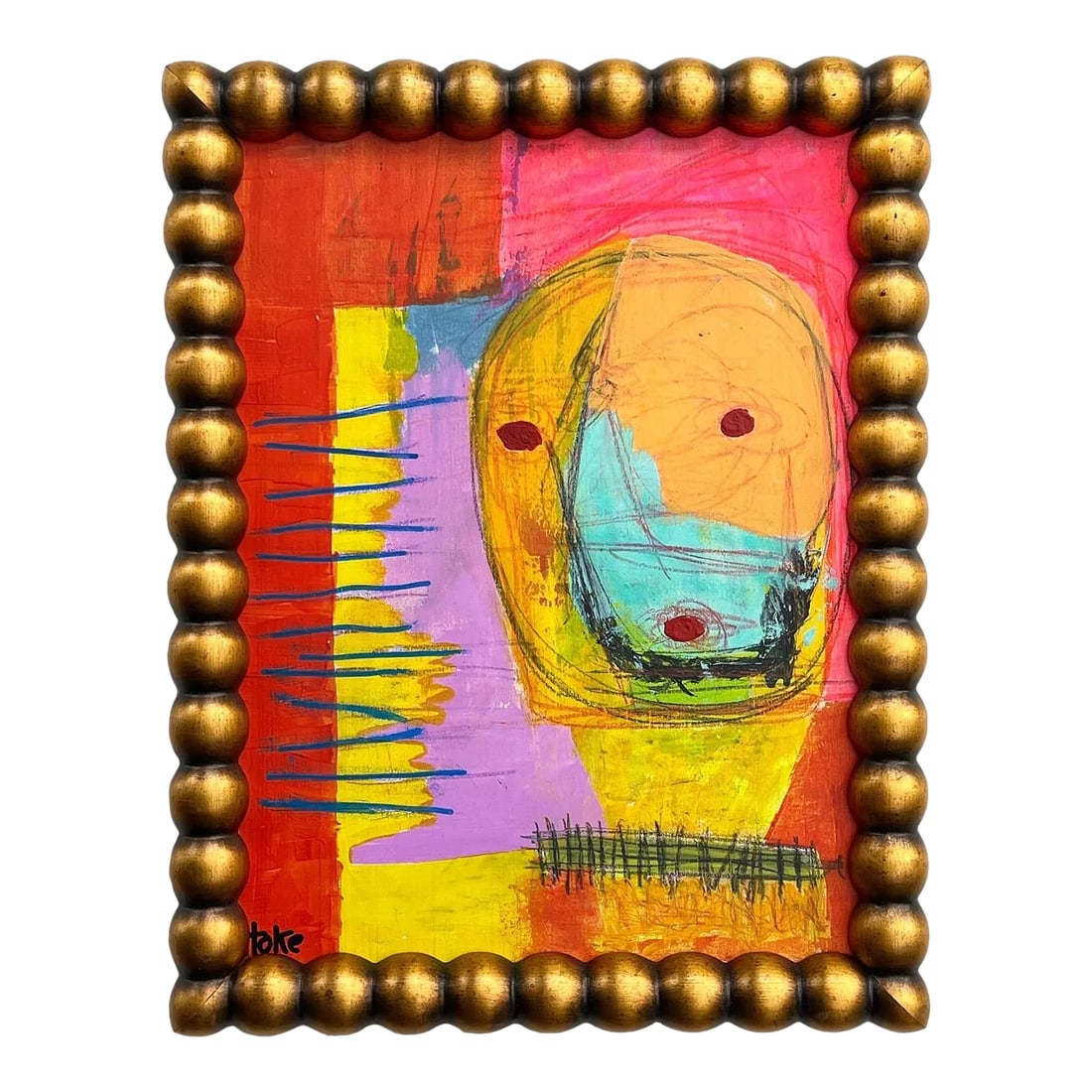 Colorful Modern Outsider Art Painting on Wood by Bob Hoke: Bob Hoke painting on wood, Major Tom series c.2017 framed in a custom gold bobbin frame 14.5" x 18.5". Hoke and his wife previously lived in a converted church in Hannibal Missouri but now is living i