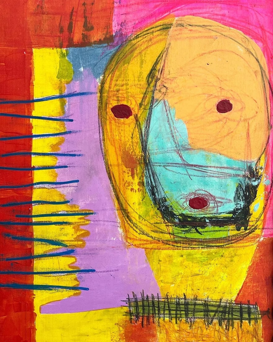 Colorful Modern Outsider Art Painting on Wood by Bob Hoke - 3