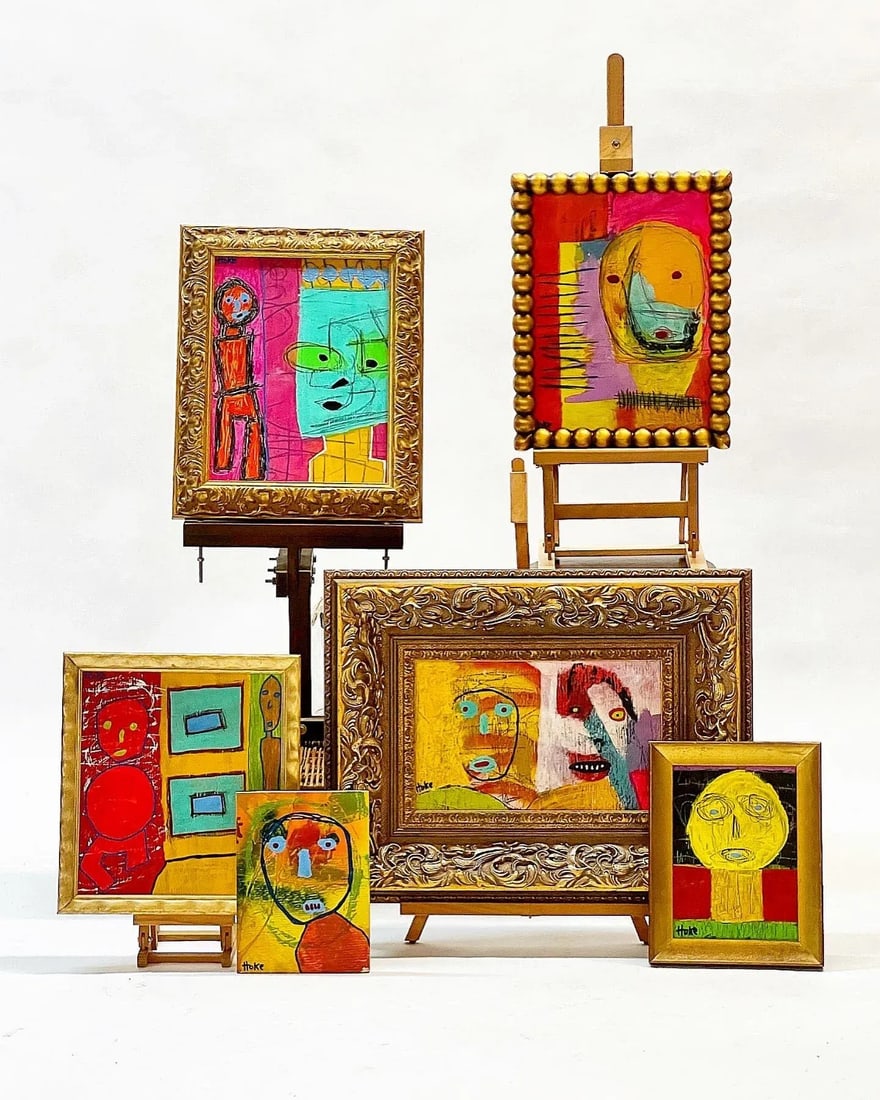 Colorful Modern Outsider Art Painting on Wood by Bob Hoke - 7
