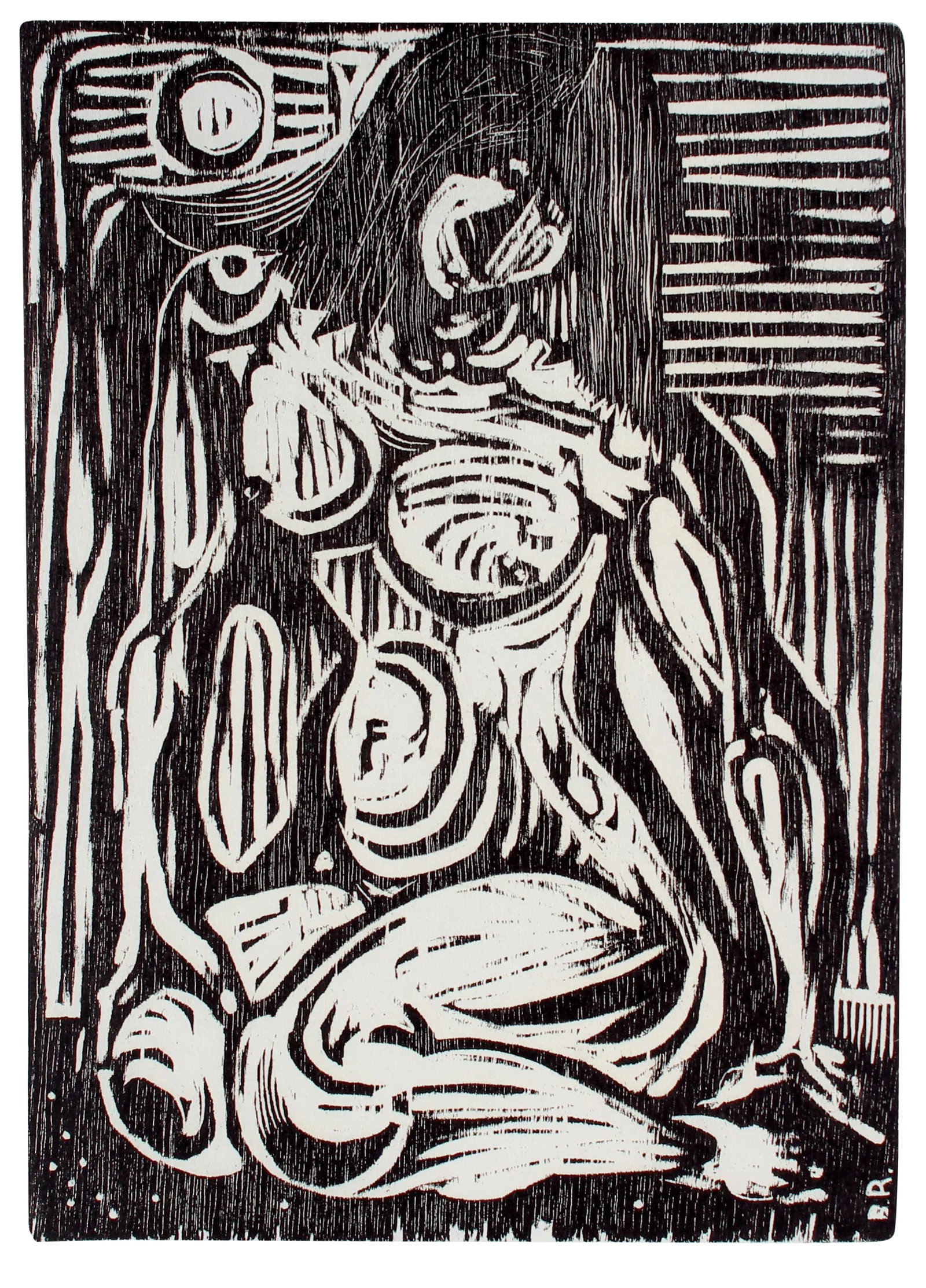 "Seated Lady" Monochromatic Figurative Woodcut, 1960: This 1960-1962 woodcut on paper figure entitled "Seated Lady" is by by Expressionist West Coast artist Byron Randall (1918-1999). His work is held in permanent collections of the Phillips Collection, 