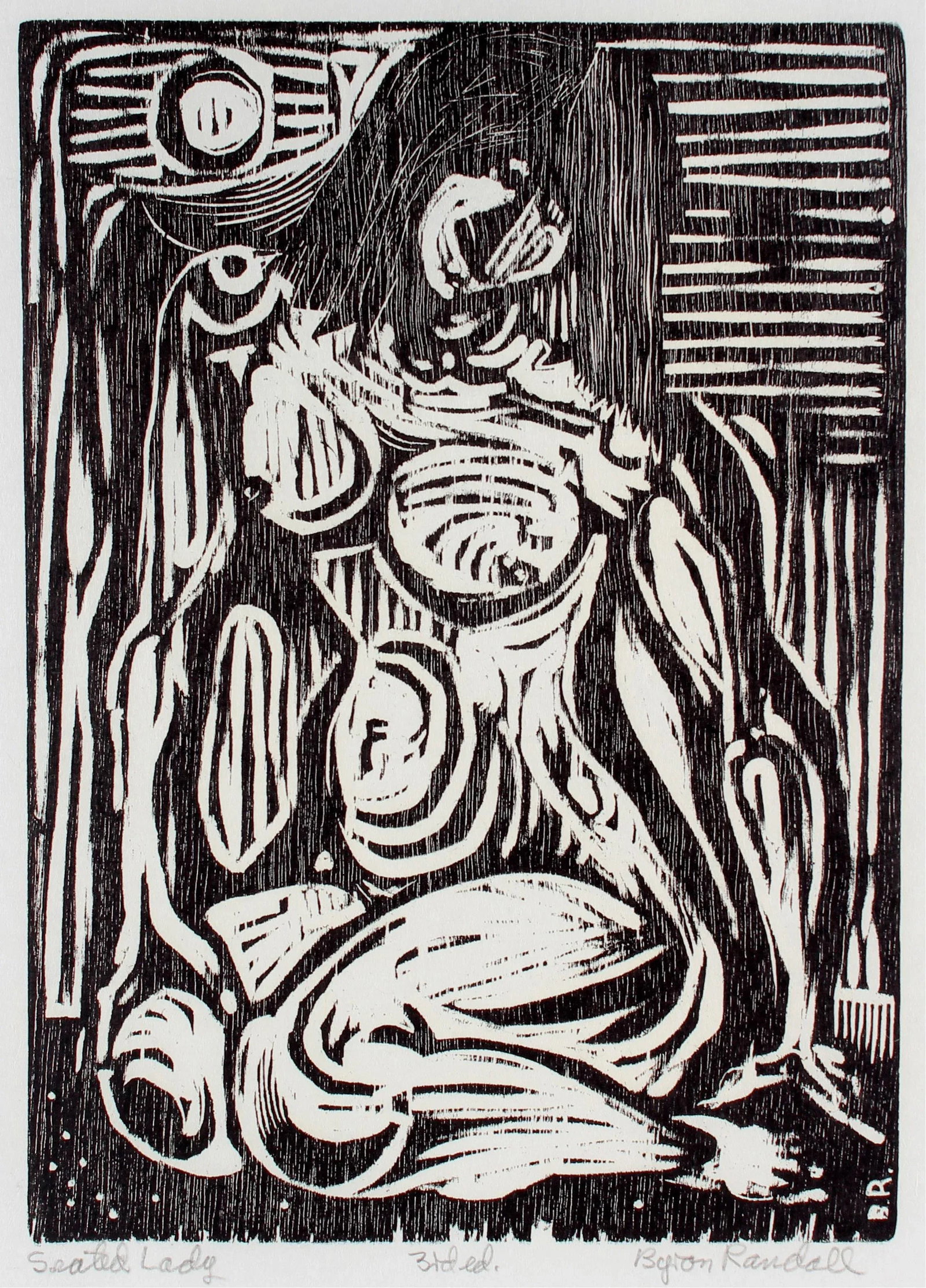 "Seated Lady" Monochromatic Figurative Woodcut, 1960 - 3