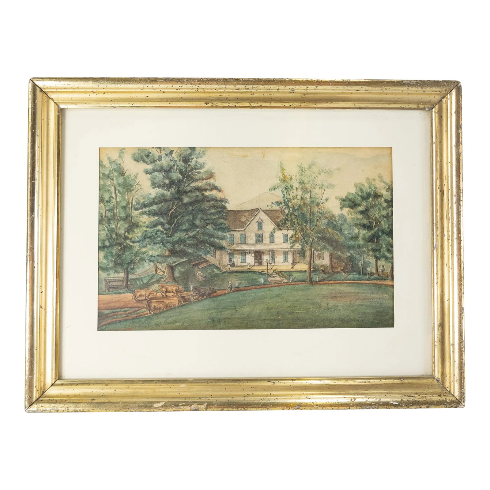 19th or 20th Century American Farmhouse Watercolor Rustic Folk Art Painting: We are selling this fine little Americana watercolor painting. This painting shows a 19th century style farmhouse with some cows out front and some figures. The painting is quite well done and a
