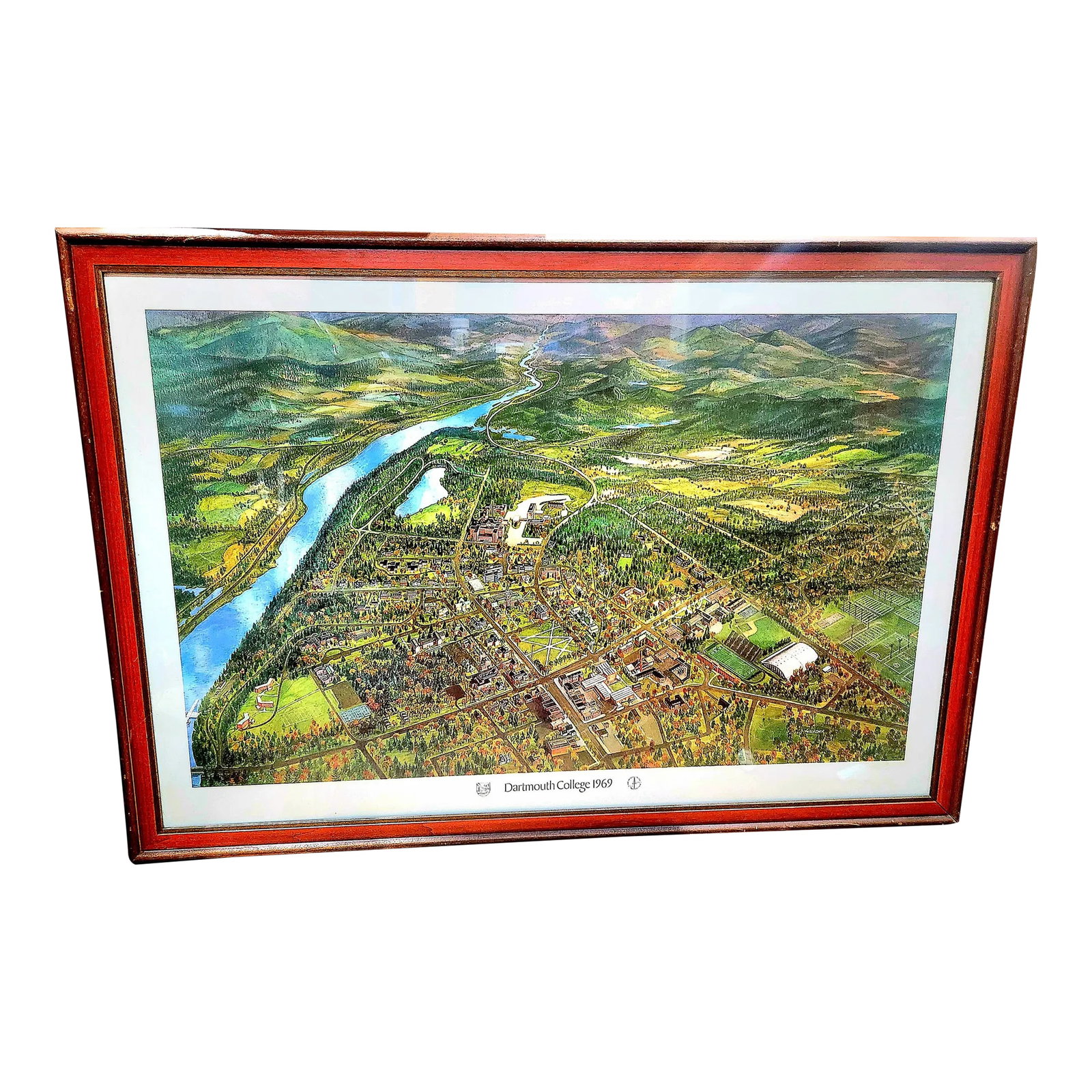 1969 Dartmouth College Bicentennial Map Lithograph, Framed: A great thrift shop find in Chicago!!!! This original print celebrates Ivy League school, Dartmouth's Bicentennial in 1969, paying homage to its beautiful campus with a bird's eye view. Nicely framed