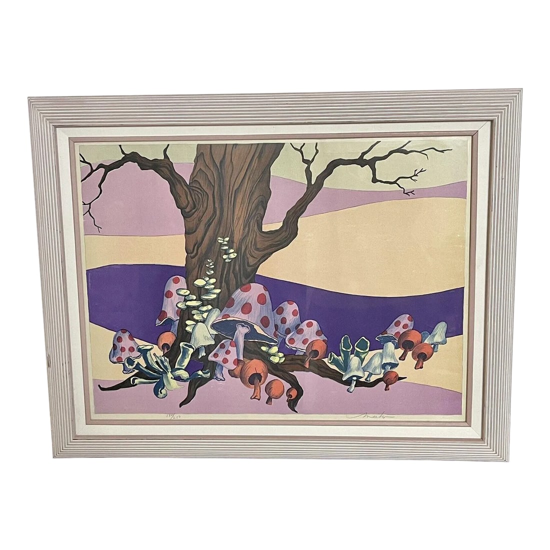 1970s Limited Edition Mushrooms Forest Landscape Print, Framed: PALM BEACH ESTATE FIND!! Super cool vintage 70s era print of funky purple psychedelic polka dot mushrooms in a trippy abstract forest. The piece is signed (possibly Meeks?) and is giving serious Alice