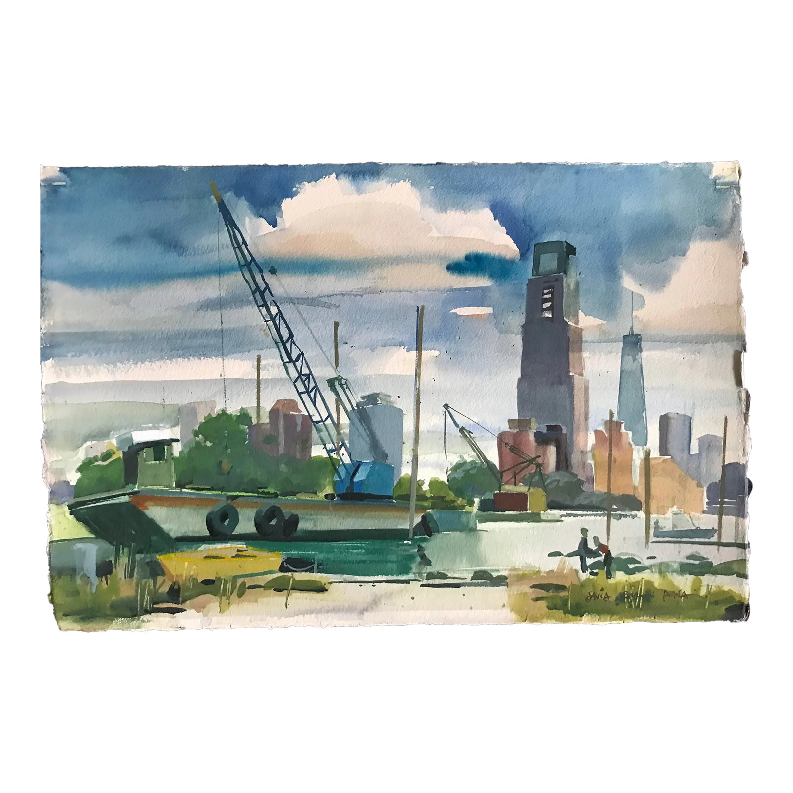 In the Boatyard Original Watercolor Painting: This amazing original watercolor by David Beynon Pena of a barge with a crane in a boatyard with a panoramic cityscape horizon. Condition: Alterations: Original Condition Unaltered Imperfections: Some