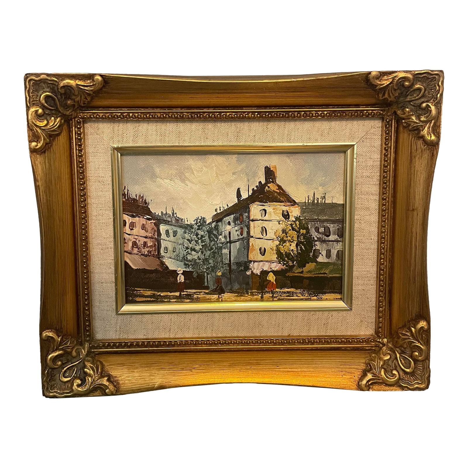 Mid 20th Century European Street Scene Original Framed Painting: Absolutely beautiful antique painting of a European street scene, matted, framed and ready-to-hang. Wear consistent with the age of the piece, but nothing major to note. The custom mat and frame add t