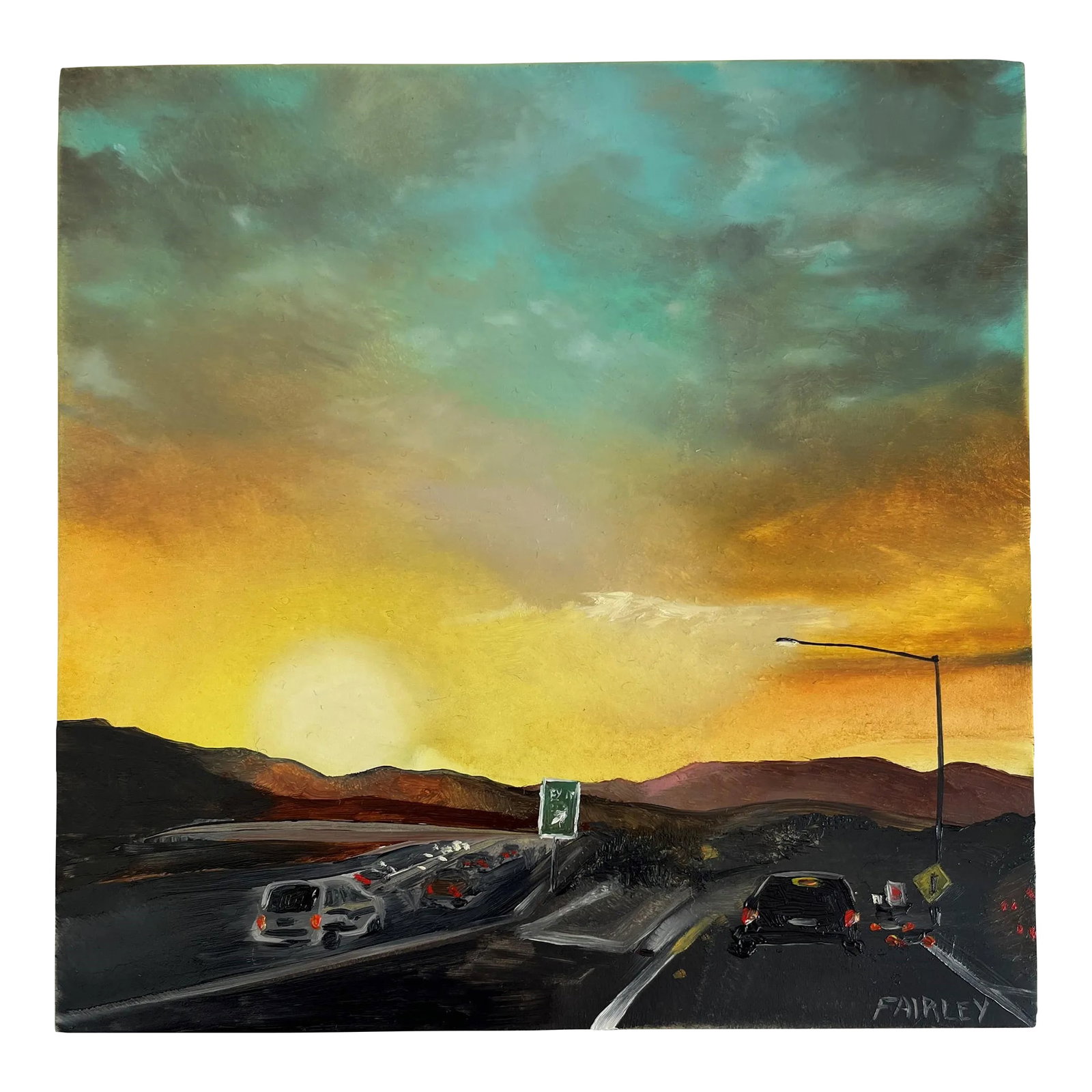 Miniature Los Angeles Oil Painting by Jessica Fairley: This miniature oil painting, 6x6 inches, captures the Los Angeles commute perfectly, a daily ritual for most Angelenos. The sunset glistens as you drive home on the endless freeways of La La Land. Con