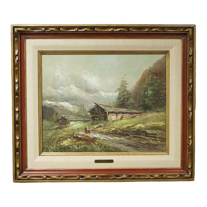 Follini Oil Painting W/Linen Mat Border: Oil Landscape Painting. The Artist is Follini. The Painting is Signed. The Painting has a Linen Mat with an Ornate Burnished Gold Frame. The Measurements: 29"W x 1.5"D x 24"H. Condition: Alterations: