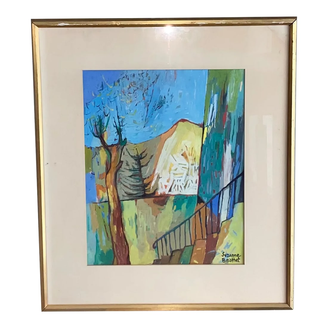Vintage Mid-Century Modern Cubist Landscape Painting by French Artist Suzanne Berthet: Colorful vintage landscape (paysage) painting by French artist Suzanne Berthet (1900-1990). Image measures 12" x 16". Framed under glass, measures 20" x 23". Great colors and composition. Condition: A