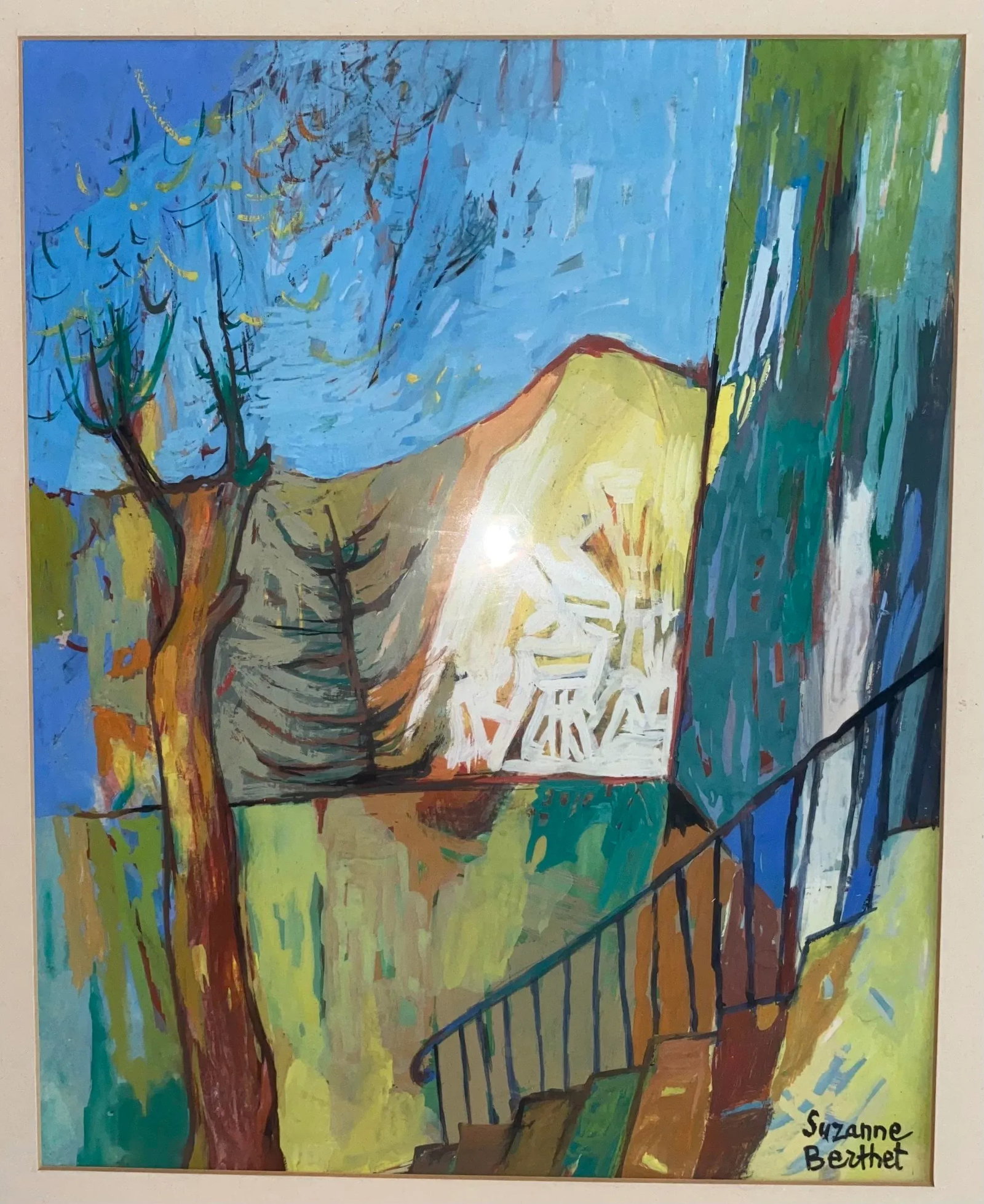 Vintage Mid-Century Modern Cubist Landscape Painting by French Artist Suzanne Berthet - 2