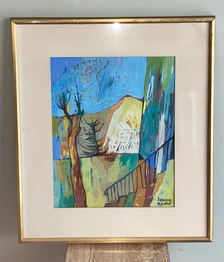 Vintage Mid-Century Modern Cubist Landscape Painting by French Artist Suzanne Berthet - 7
