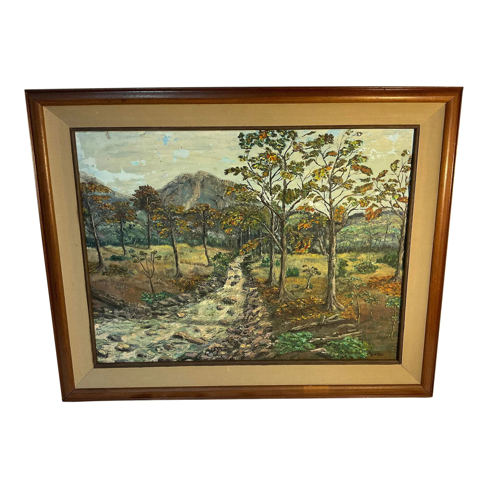 1960s Impressionist Landscape Oil Painting "Imaginary Mountain Woods" by Jenkins: Painted in 1964 this 24 x 18 Oil on Canvas is an impressionistic piece done by a novice painter named Jenkins. It was painted by a mother for her son in 1964. If she became famous I have not found