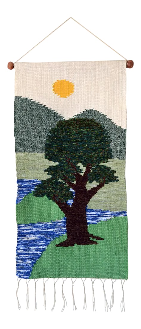 Mid-Century Nature Scene Tapestry Wallhanging: Gorgeous mid century era tapestry wallhanging depicting a calming nature scene with green pastures, mountains, river, sun and a large tree right in the center as the focal point. There's a variety of