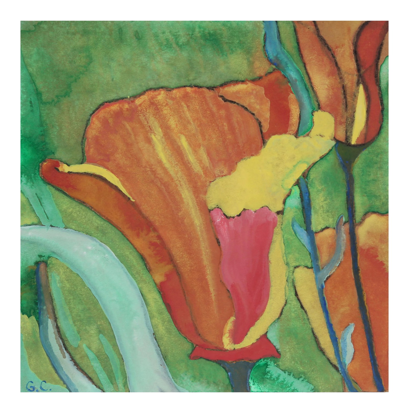 California Poppy, Gouache on Paper, 2016: This gouache on paper painting of a California Poppy in orange, red, and yellow is by contemporary Mendocino/Bay Area artist, Gaetan Caron (b. 1964), co-founder of Lost Art Salon in San Francisco.