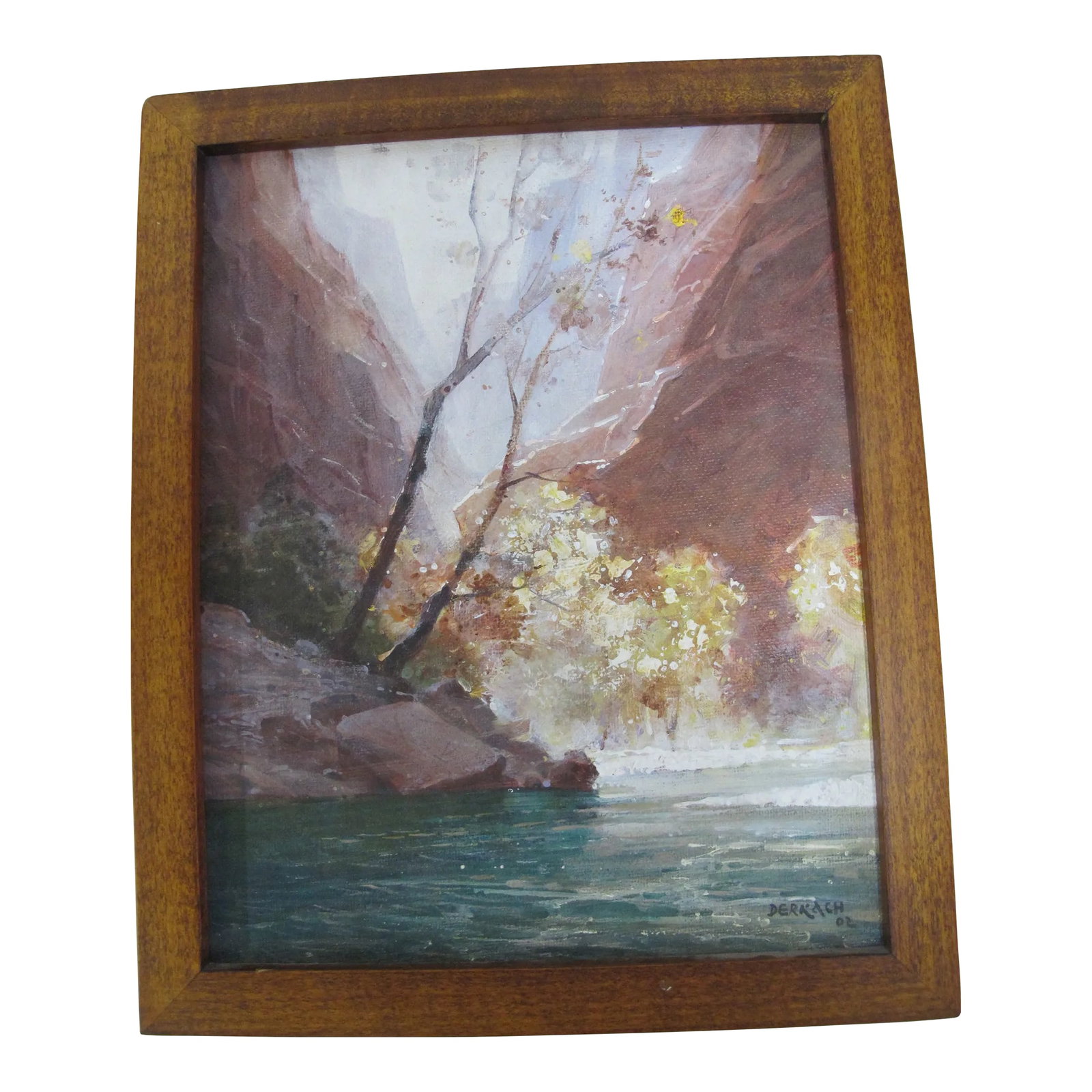 Vladimir Derkach Signed Original Autumn Canyon Landscape Oil Painting: Vladimir Derkach (b.1964), Canyon in the fall oil painting on board. Signed and dated at lower right. Frame measures 11" x 9", painting measures 9.5" x 7.5" Trained at the Moscow State Institute of