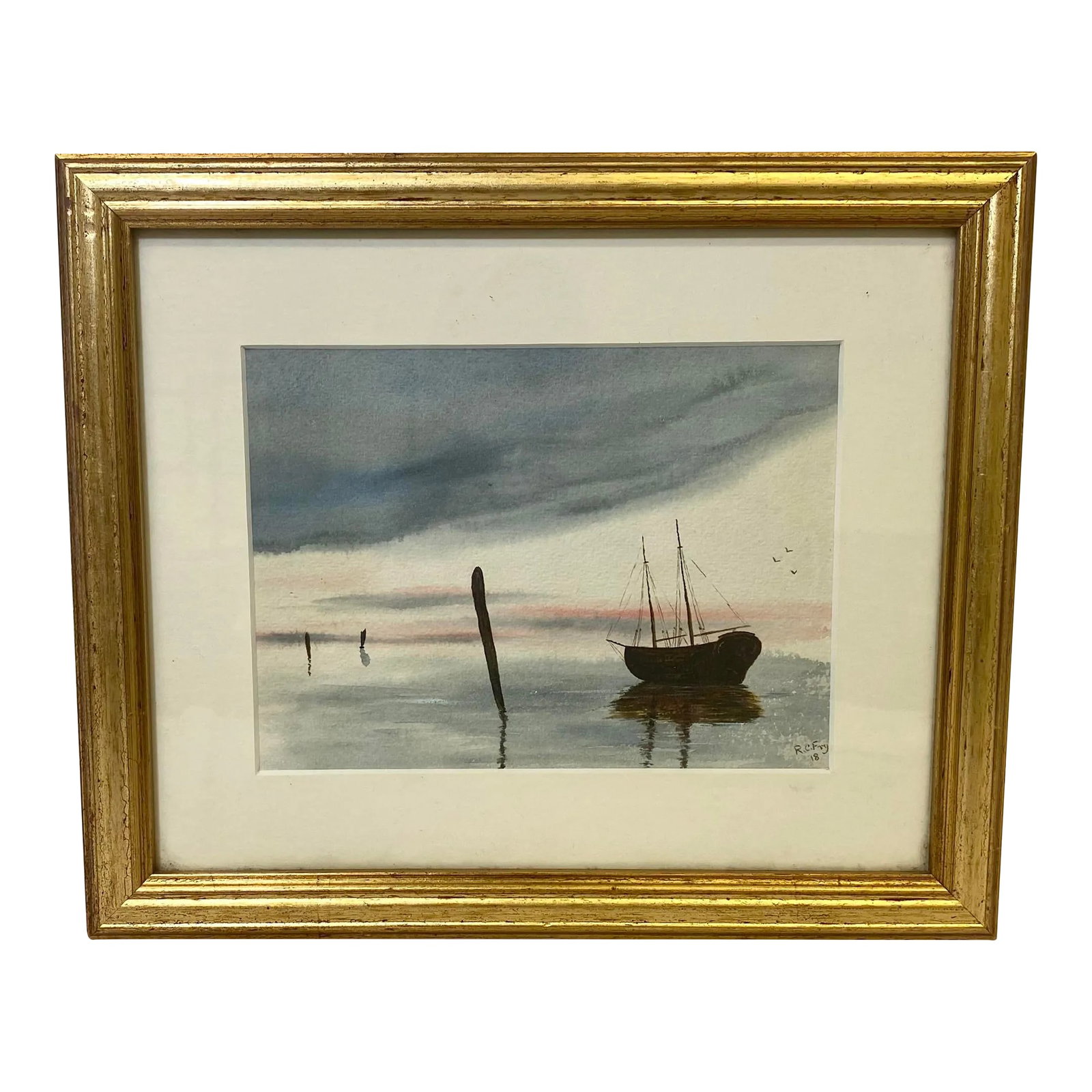 Antique Original Signed Sailboat Watercolor Painting by R C Fry From England - Circa 1918: Antique Original Signed Sailboat Watercolor Painting by R C Fry From England - Circa 1918. Frame Measures - 11 5/8" W x 9 3/4" T x 1/4" D Painting measures - 7 1/4" W x 5 1/4" T Condition: Alterations