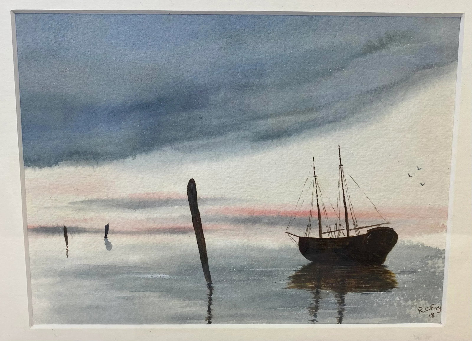 Antique Original Signed Sailboat Watercolor Painting by R C Fry From England - Circa 1918 - 2