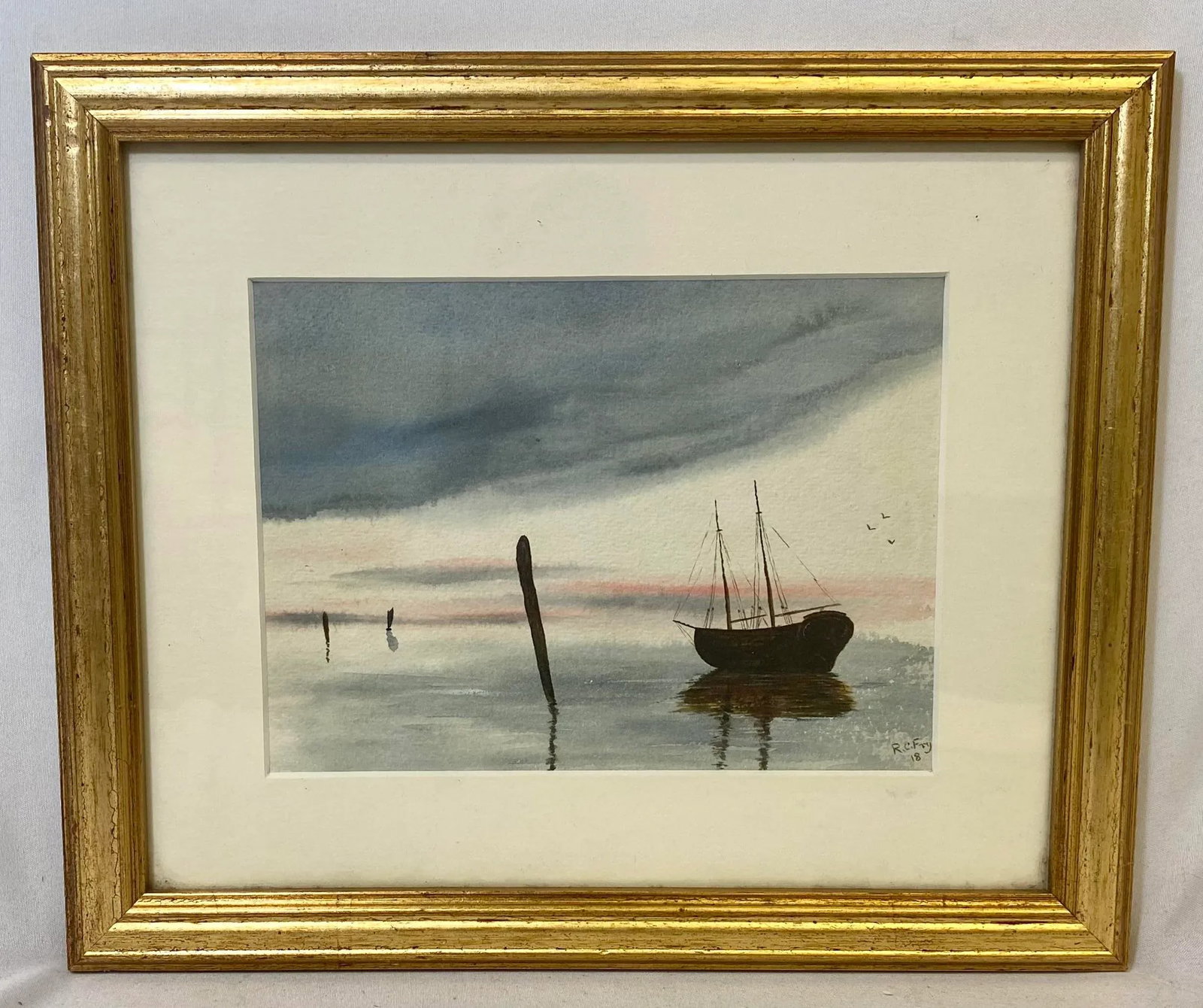 Antique Original Signed Sailboat Watercolor Painting by R C Fry From England - Circa 1918 - 8