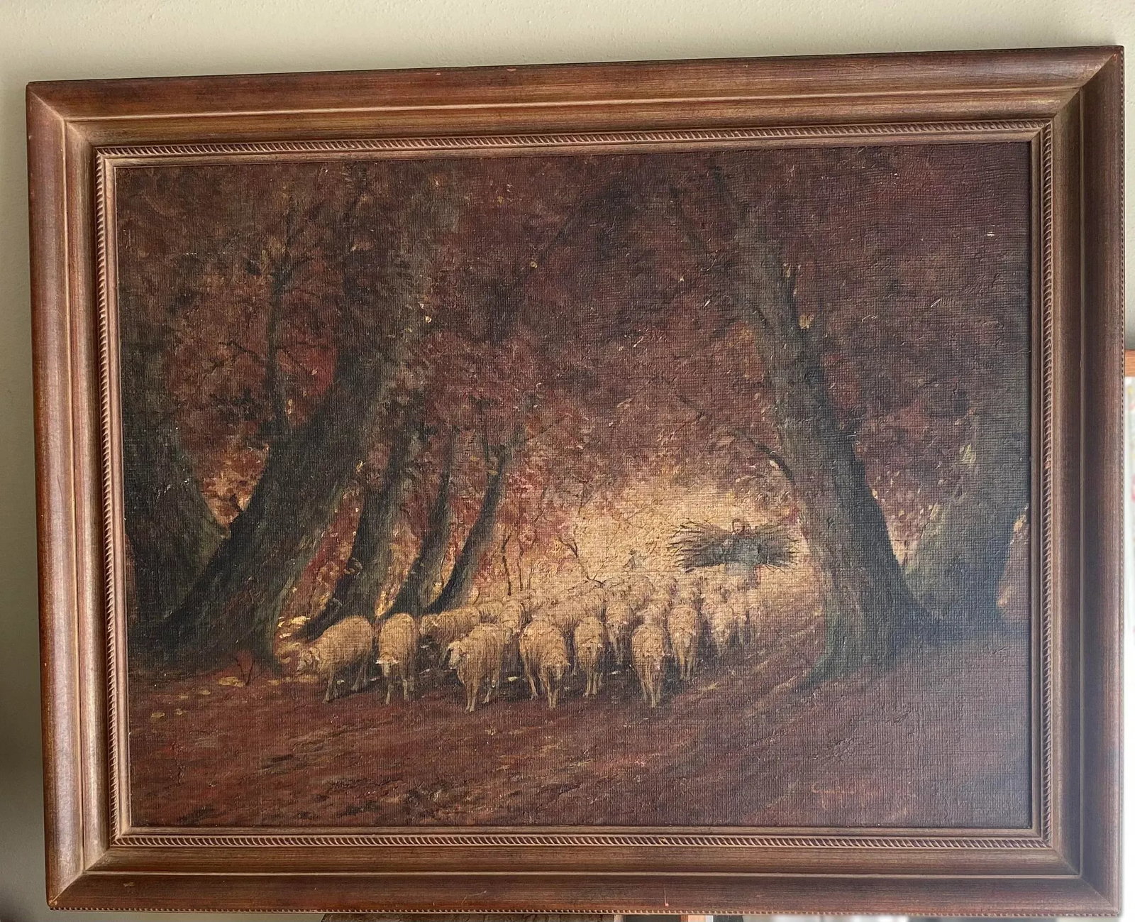 Rare Old Barbizon Style Landscape Painting With Sheep on Burlap Signed - 11