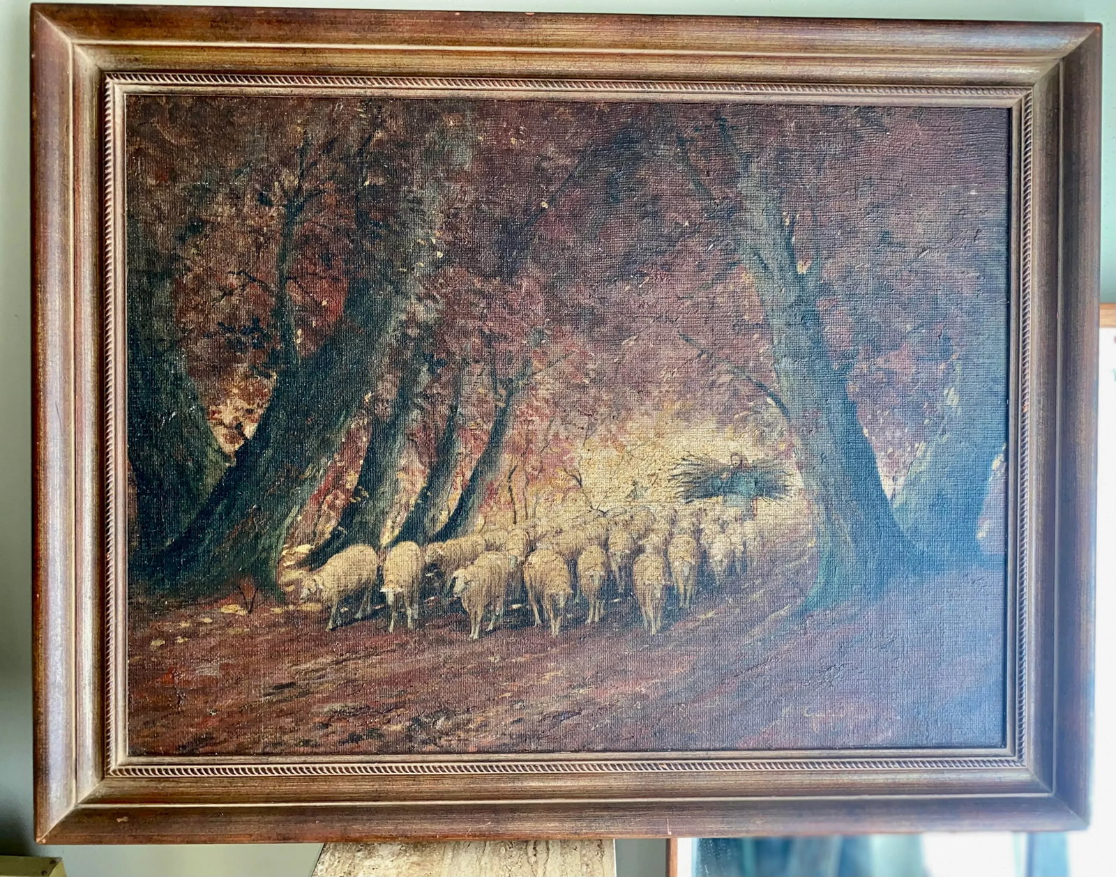 Rare Old Barbizon Style Landscape Painting With Sheep on Burlap Signed - 12
