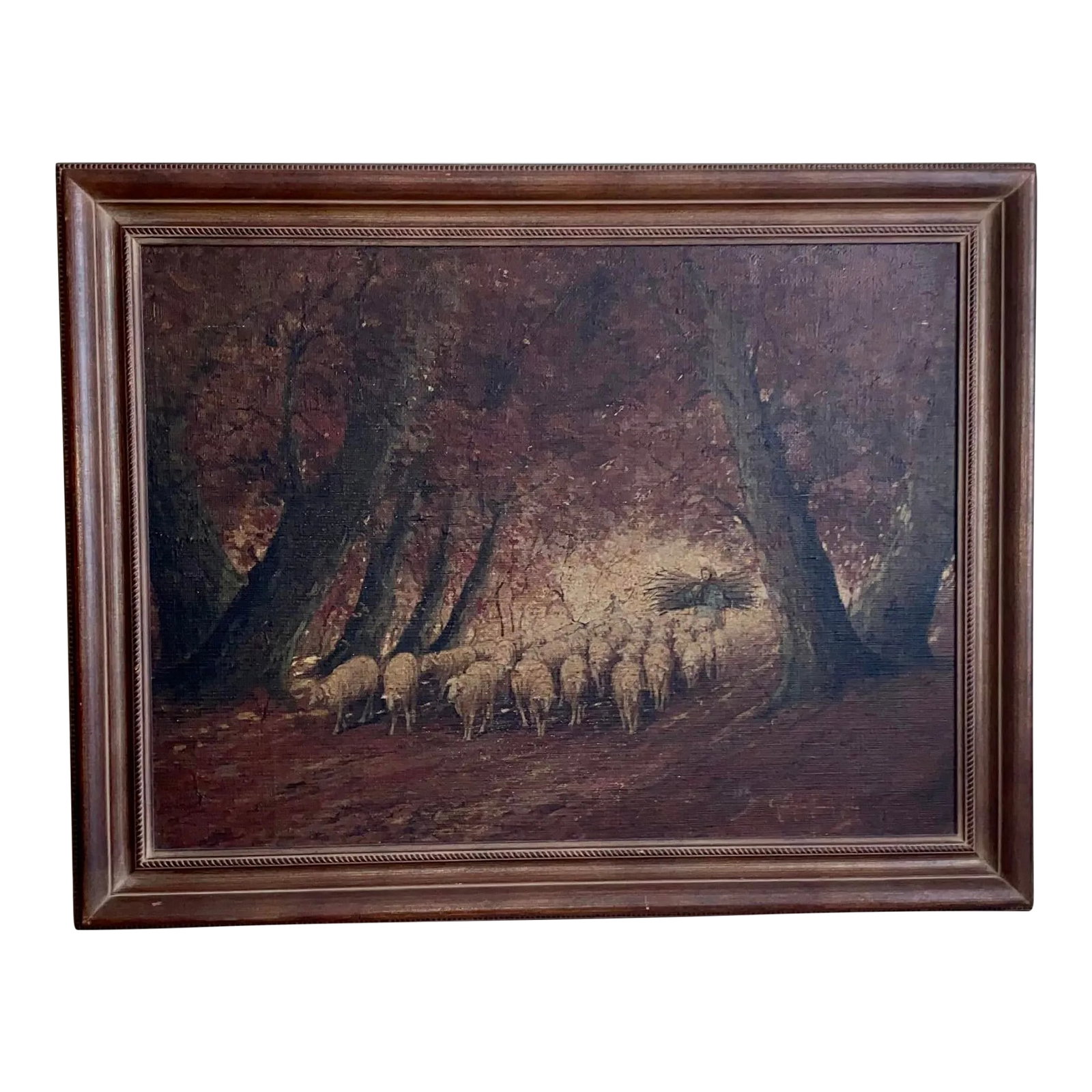 Rare Old Barbizon Style Landscape Painting With Sheep on Burlap Signed: An unusual large Barbizon style landscape painting on burlap featuring flock of sheep. Measures 23" x 31". With nice original frame, measures 29" x 36". Signed lower right. Condition: Alterations: