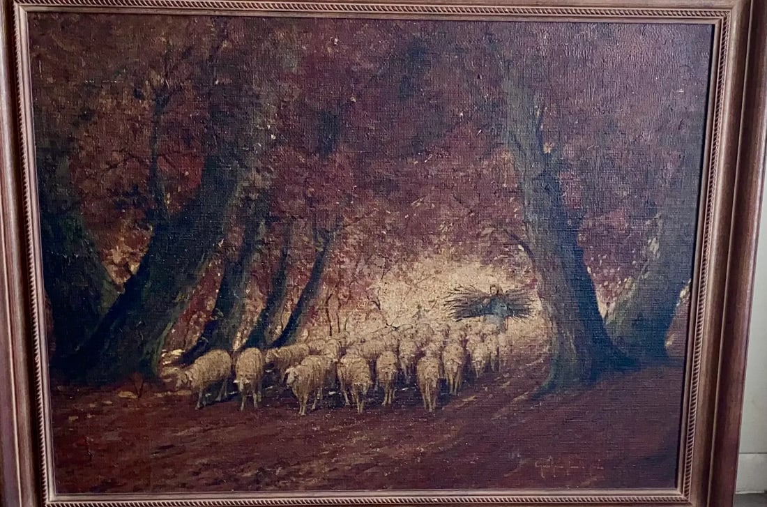 Rare Old Barbizon Style Landscape Painting With Sheep on Burlap Signed - 2