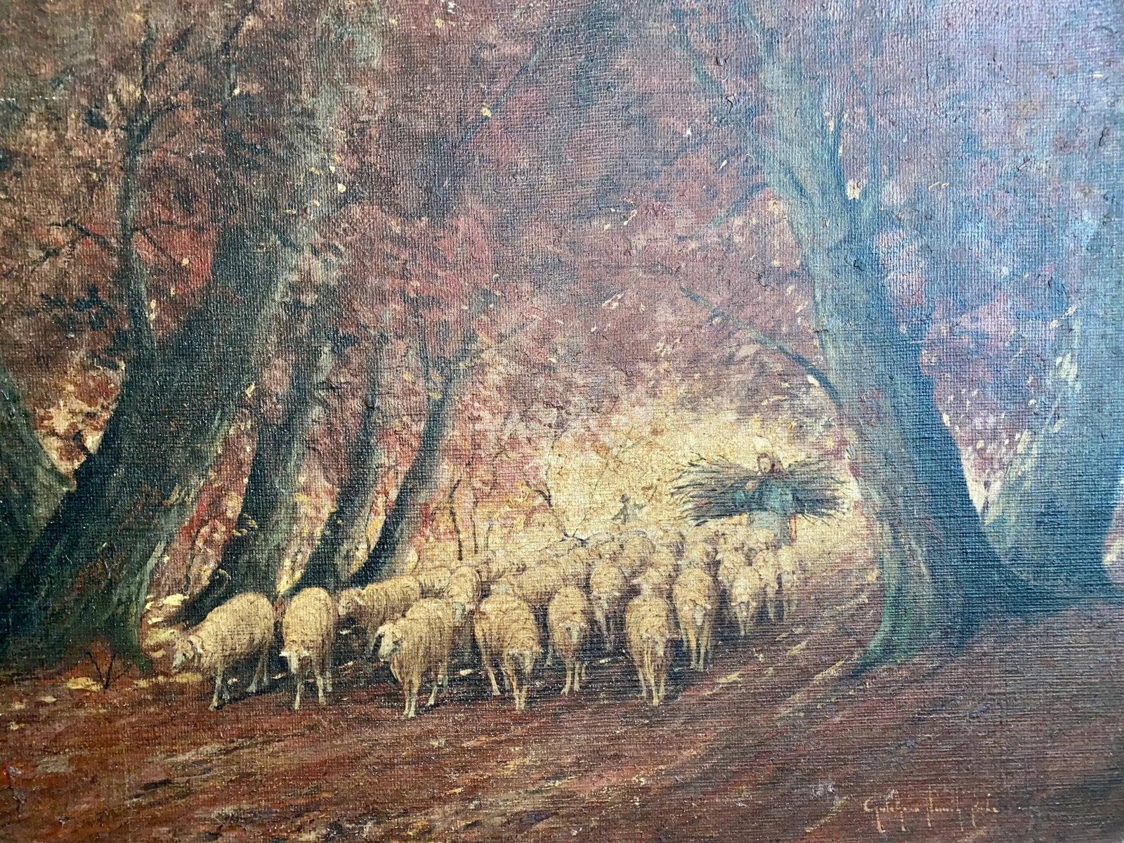 Rare Old Barbizon Style Landscape Painting With Sheep on Burlap Signed - 4