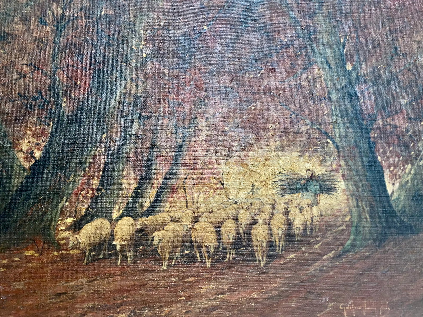 Rare Old Barbizon Style Landscape Painting With Sheep on Burlap Signed - 8