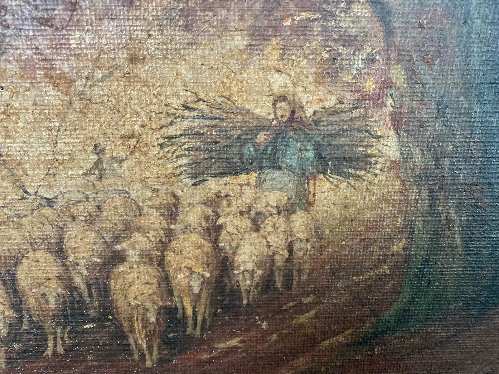 Rare Old Barbizon Style Landscape Painting With Sheep on Burlap Signed - 9