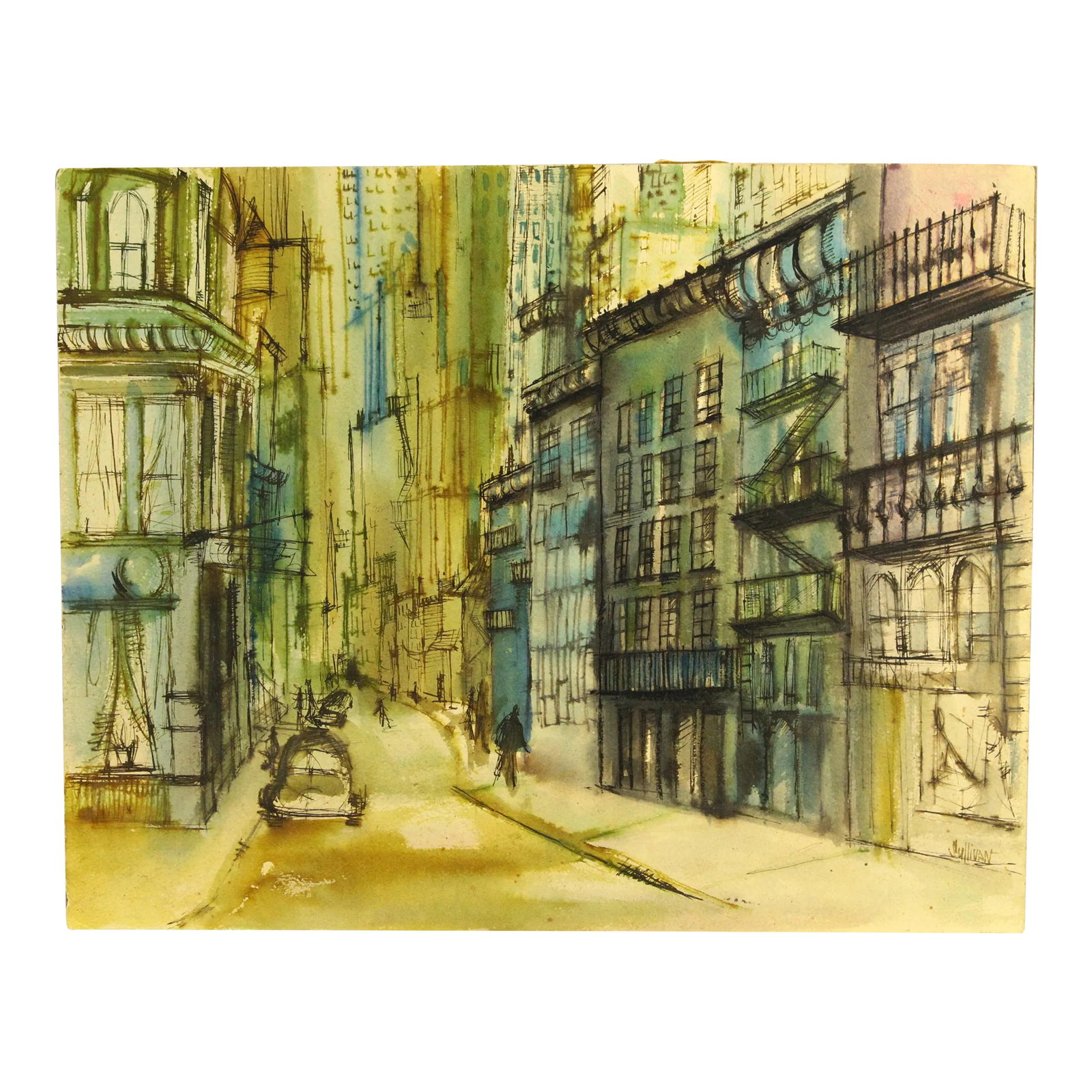 Vintage American School Modernist Urbanist Watercolor Street Scene Painting, Signed Sullivan: A very American street view, masterly rendered with watercolors and ink on cardboard Nondescript, not important, typical urban alley, yet very appealing with the hazed light and the sketched distant