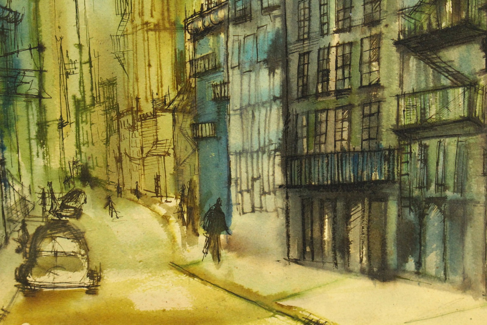 Vintage American School Modernist Urbanist Watercolor Street Scene Painting, Signed Sullivan - 2