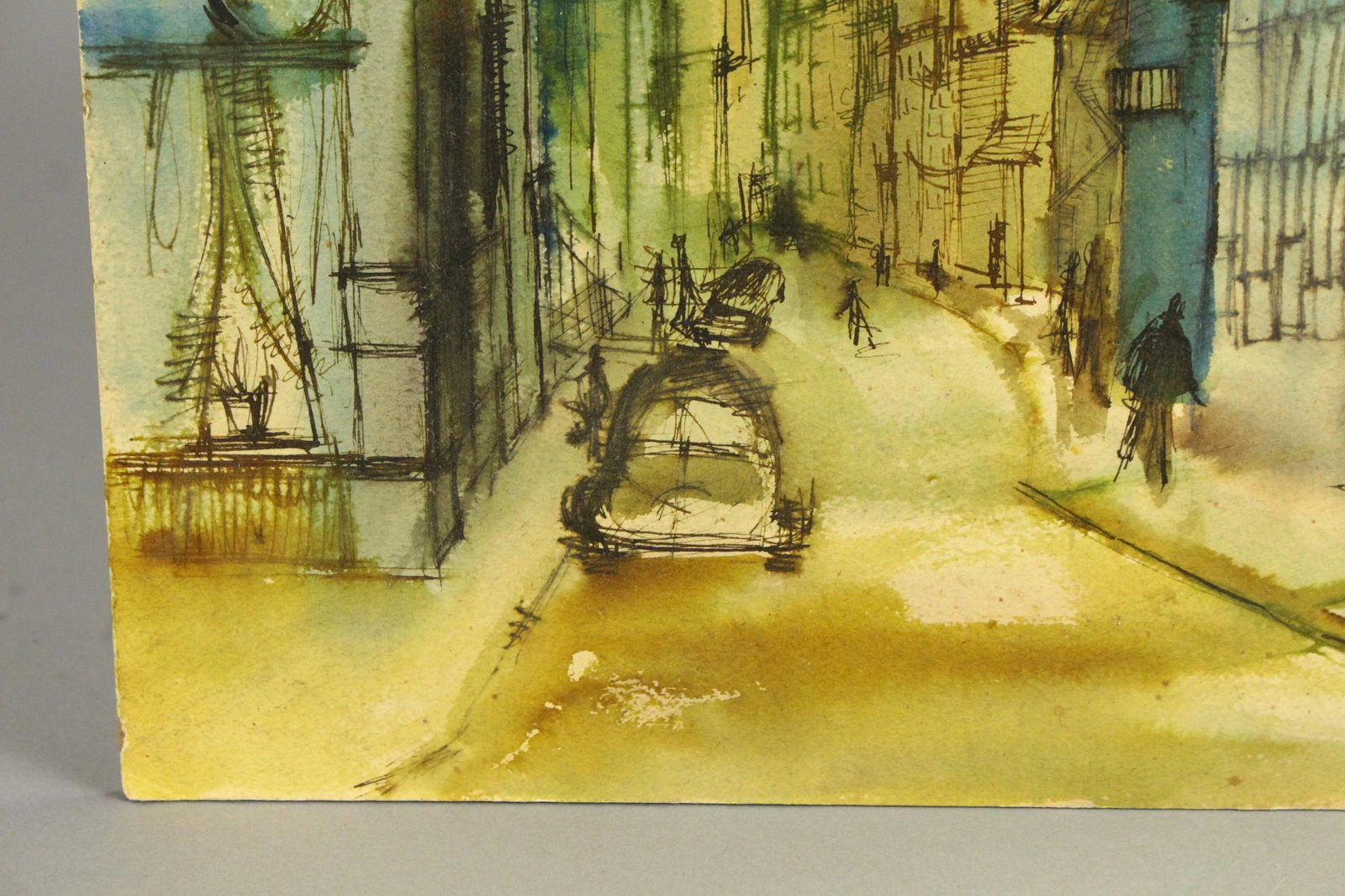 Vintage American School Modernist Urbanist Watercolor Street Scene Painting, Signed Sullivan - 3